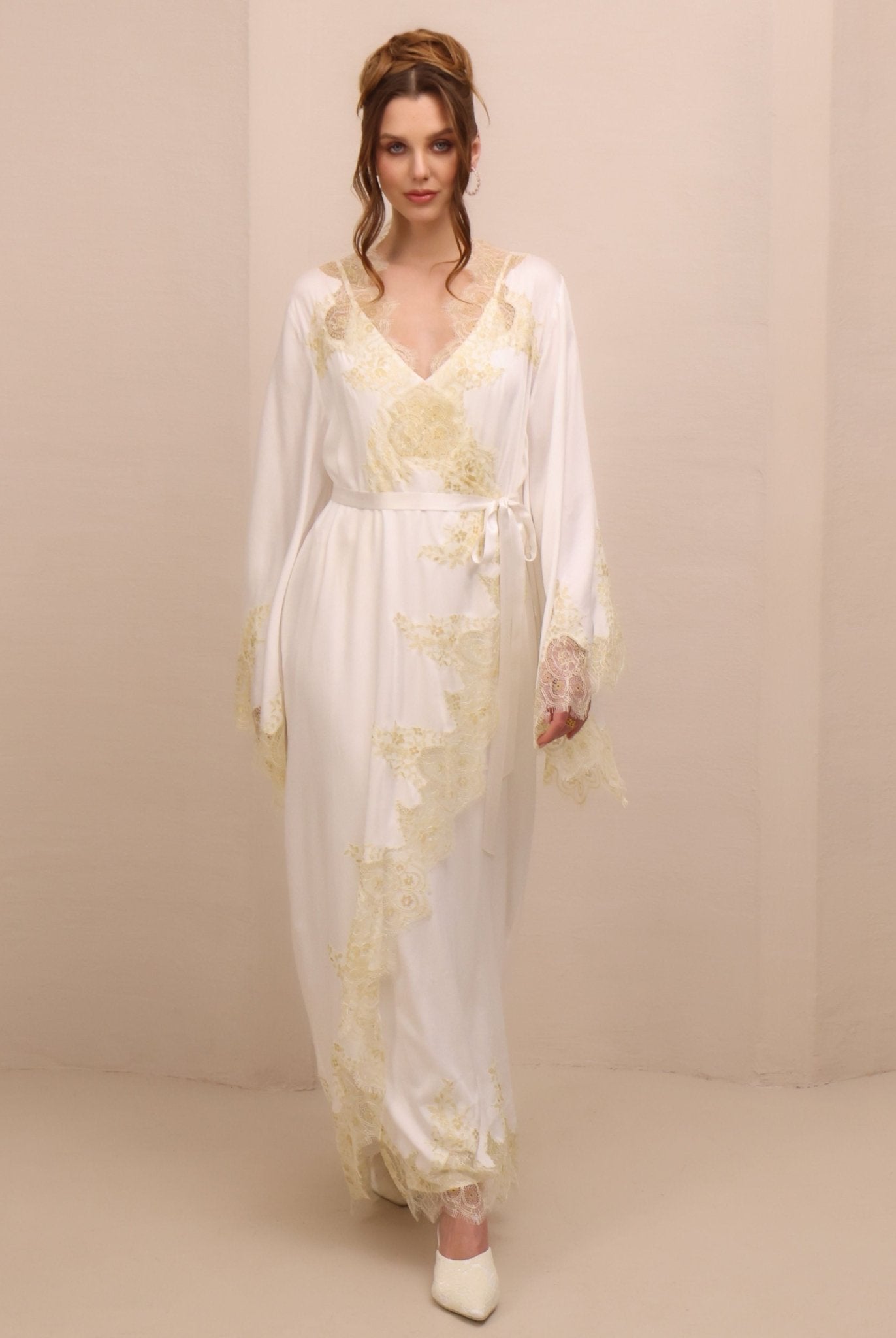 A dynamic motion shot of the Bridal Robe and Nightgown Set, capturing how the lightweight material moves with every step.