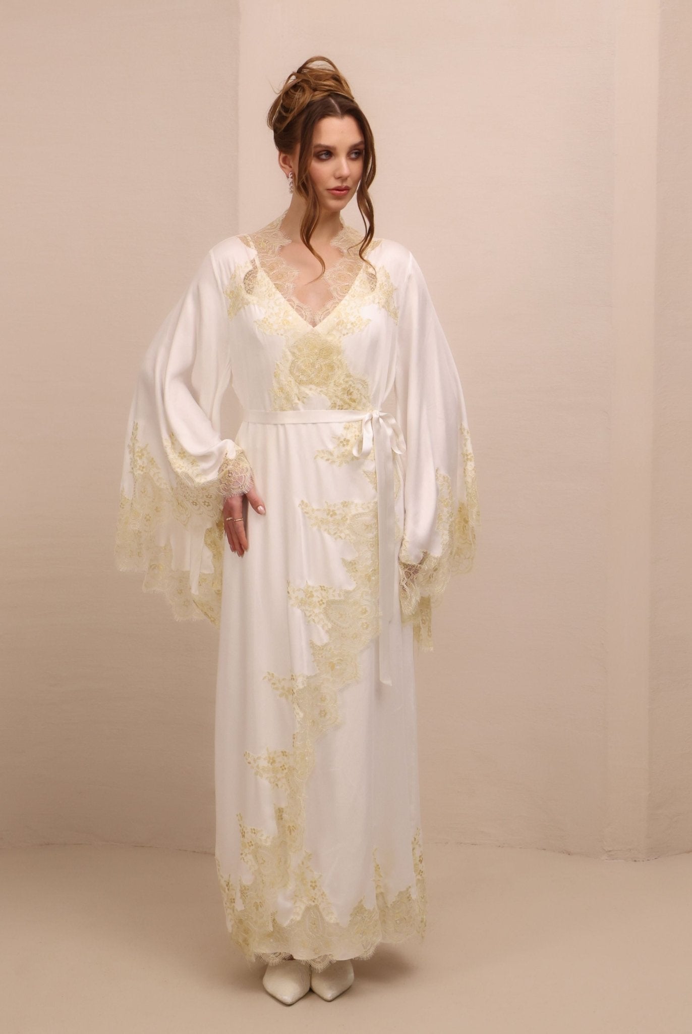 Frontal view of the Bridal Robe and Nightgown Set, showcasing the refined lace tracing the neckline and wide sleeves.