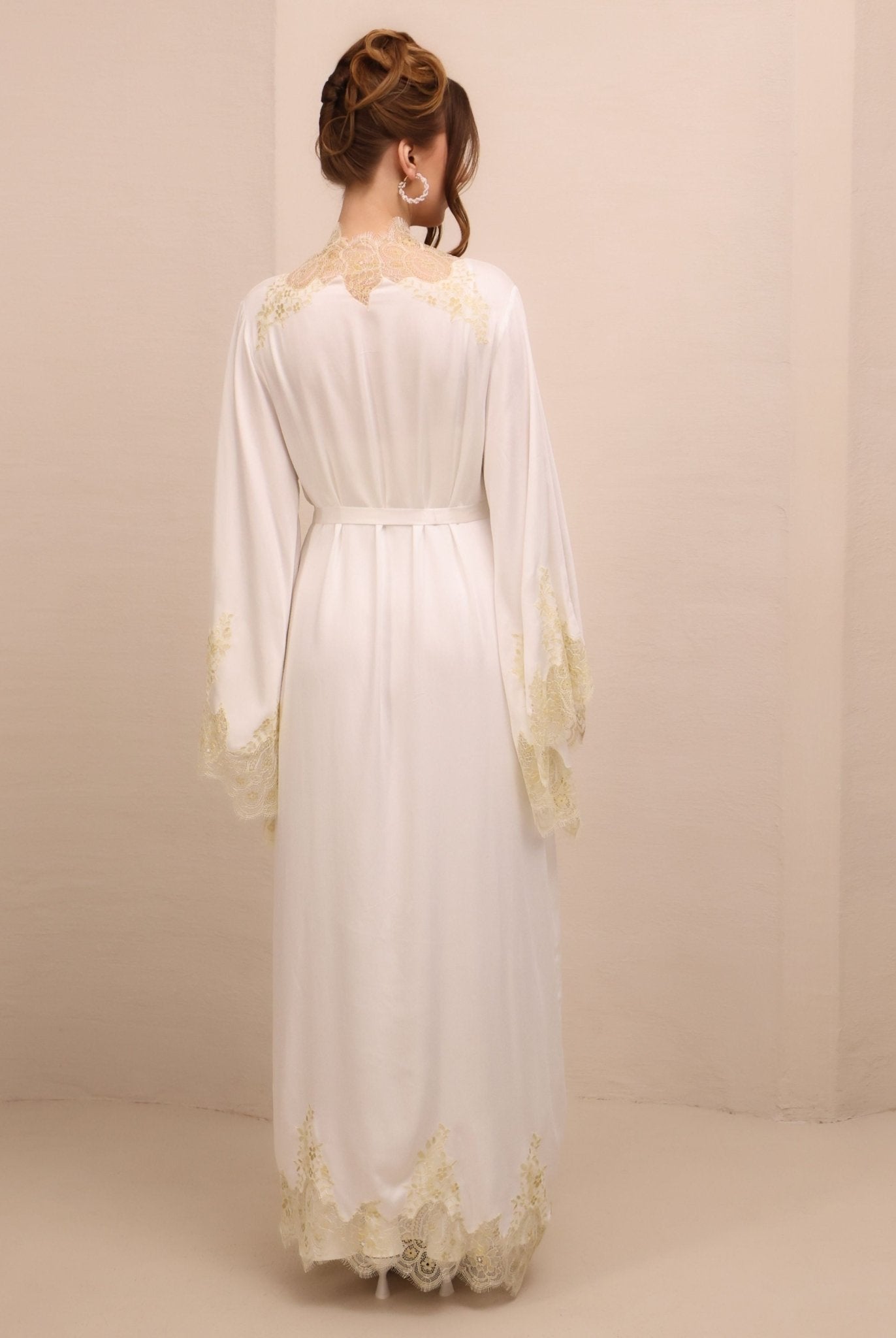 Rear perspective of the ensemble, illustrating the long silhouette and the effortless drape of the soft rayon fabric.