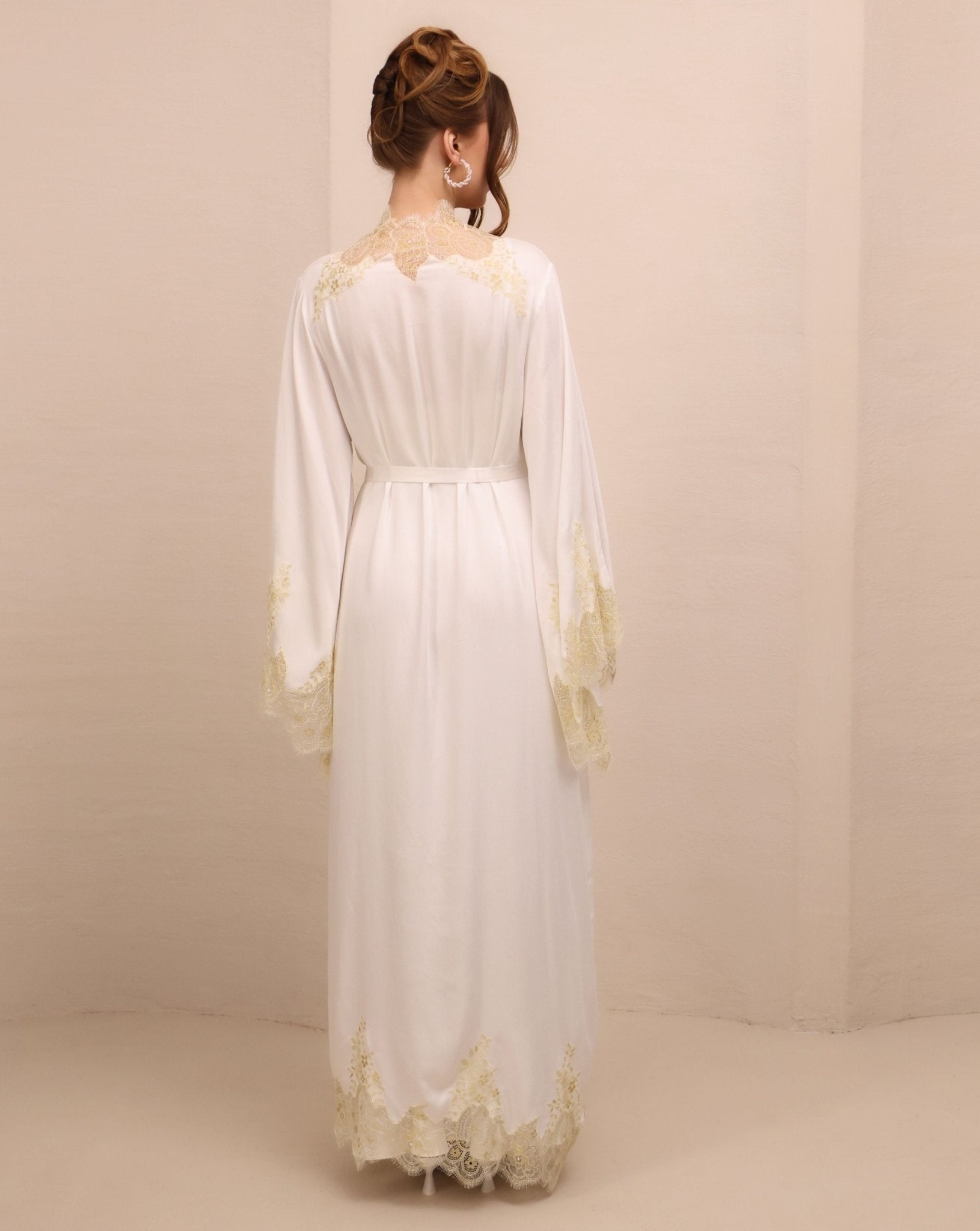 Rear perspective of the ensemble, illustrating the long silhouette and the effortless drape of the soft rayon fabric.