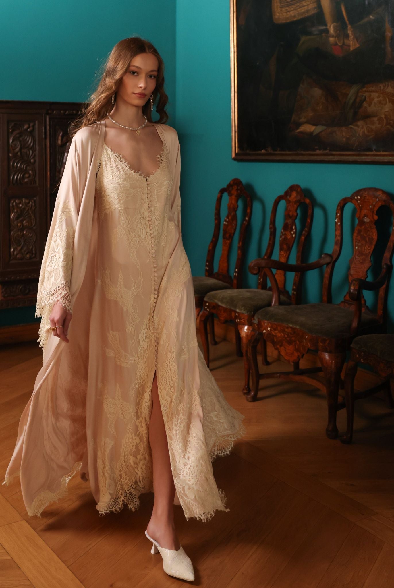 A dynamic motion shot of the Robe and Nightgown Set, capturing the graceful and romantic silhouette.