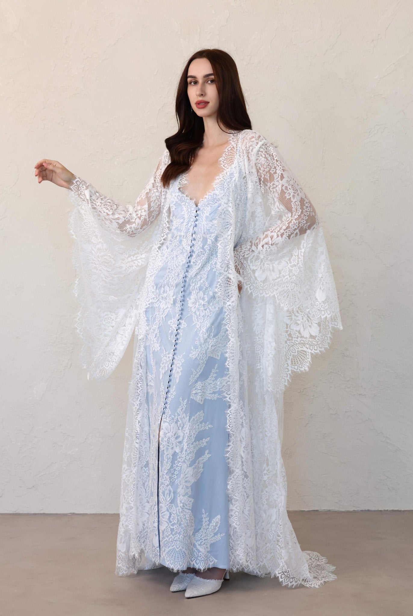 Feminine floral lace nightwear set by Kafemme, featuring bell sleeves and flattering cut