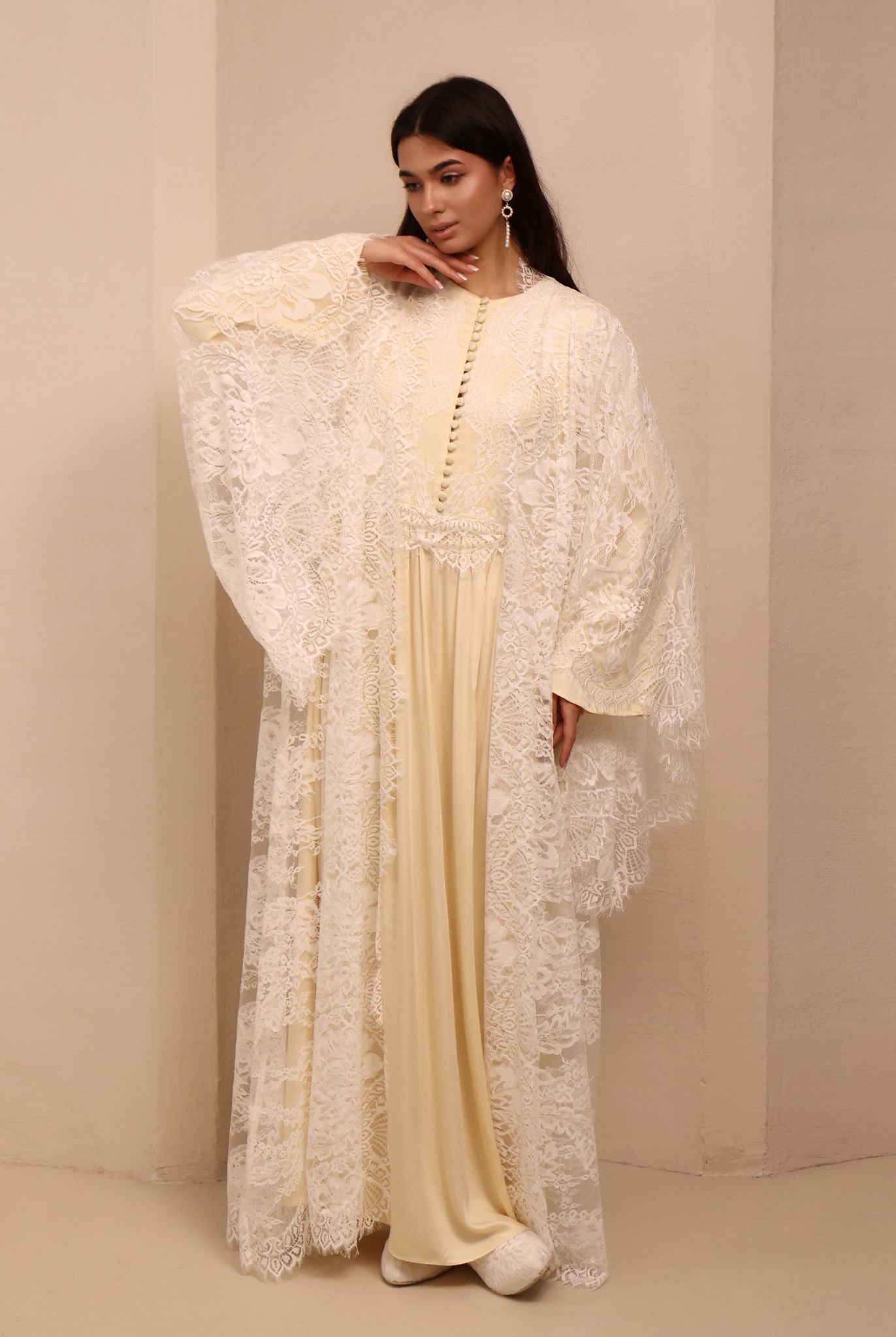 A full-length view of the open Robe and Nightgown Set, highlighting the wide bell sleeves and flowing lace.