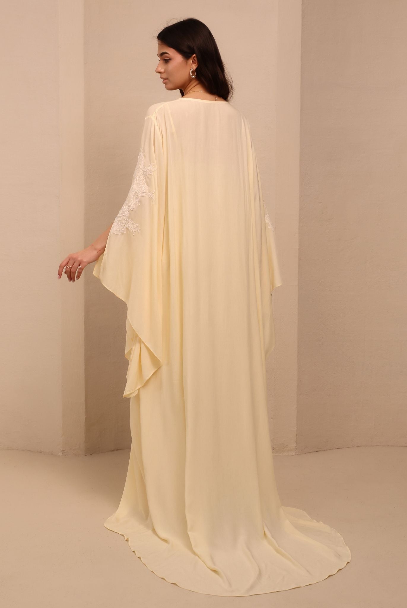 A full-length back view of the Robe and Nightgown Set, emphasizing the graceful flow and the elegant train.