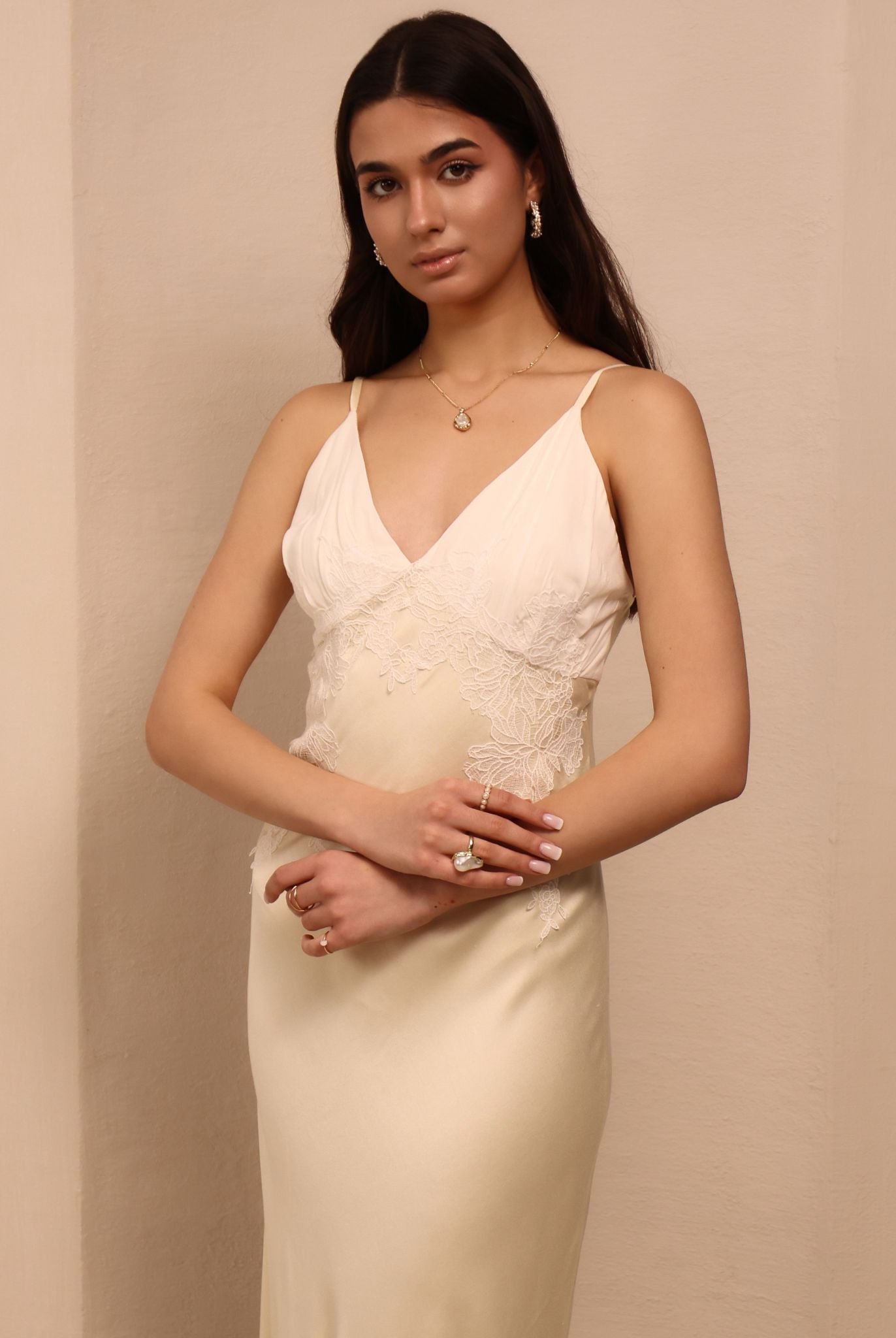 A mid-length shot of the nightgown, highlighting the expert tailoring and the fabric's effortless glide on the body.
