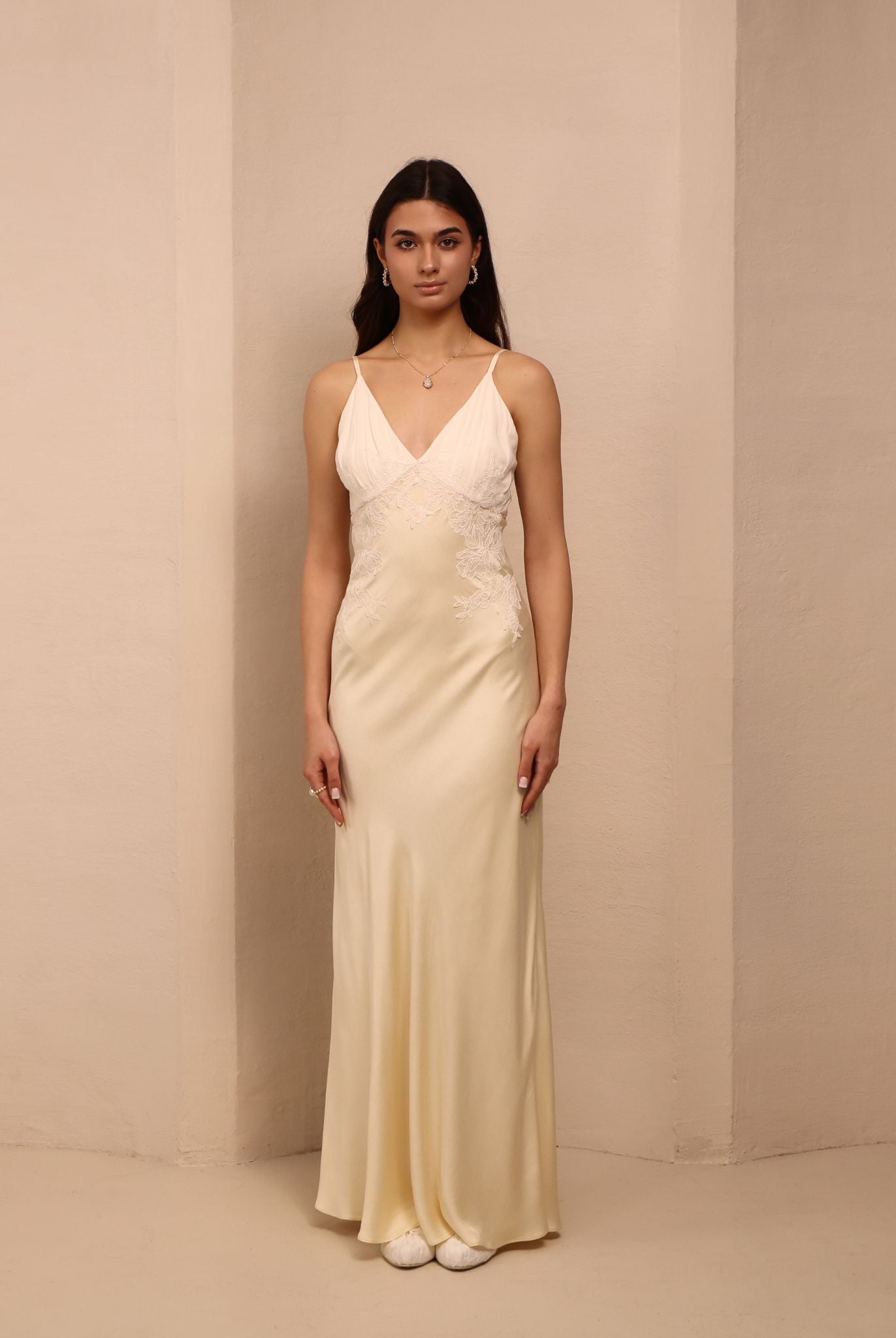 Frontal view of the satin nightdress featuring a chiffon-detailed neckline and delicate lace appliqué.