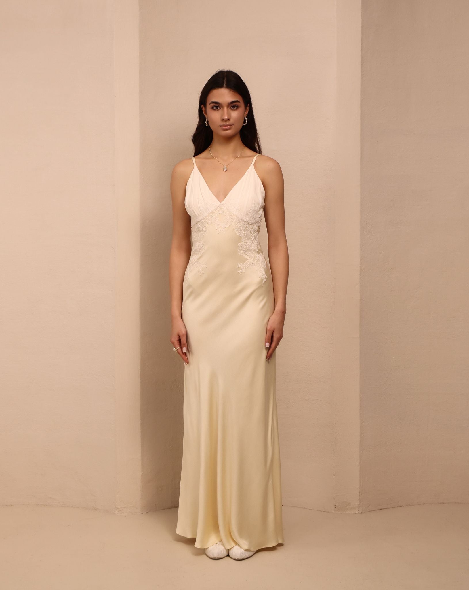 Frontal view of the satin nightdress featuring a chiffon-detailed neckline and delicate lace appliqué.