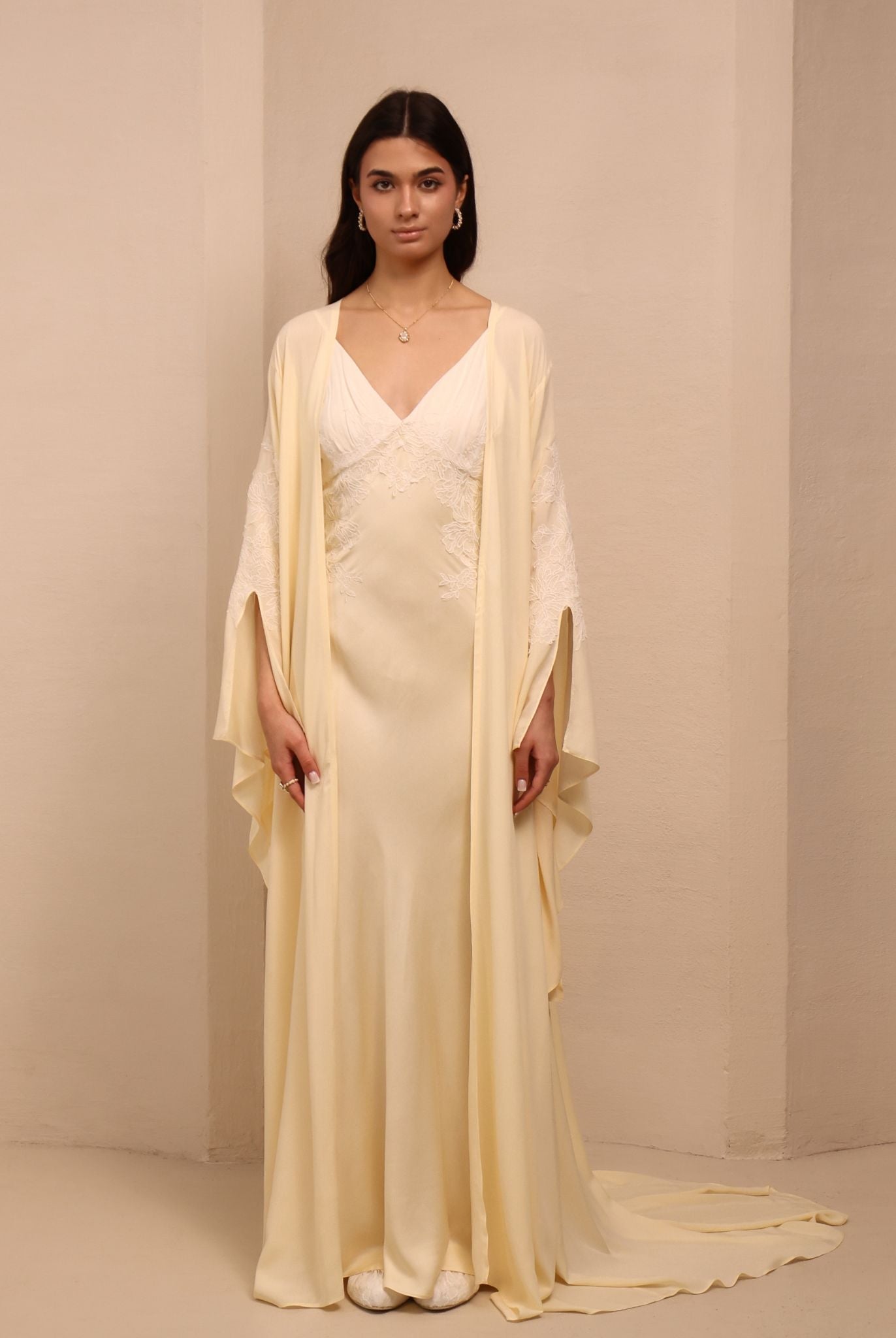 A static frontal view of the Robe and Nightgown Set, showcasing the soft sheen and refined silhouette.