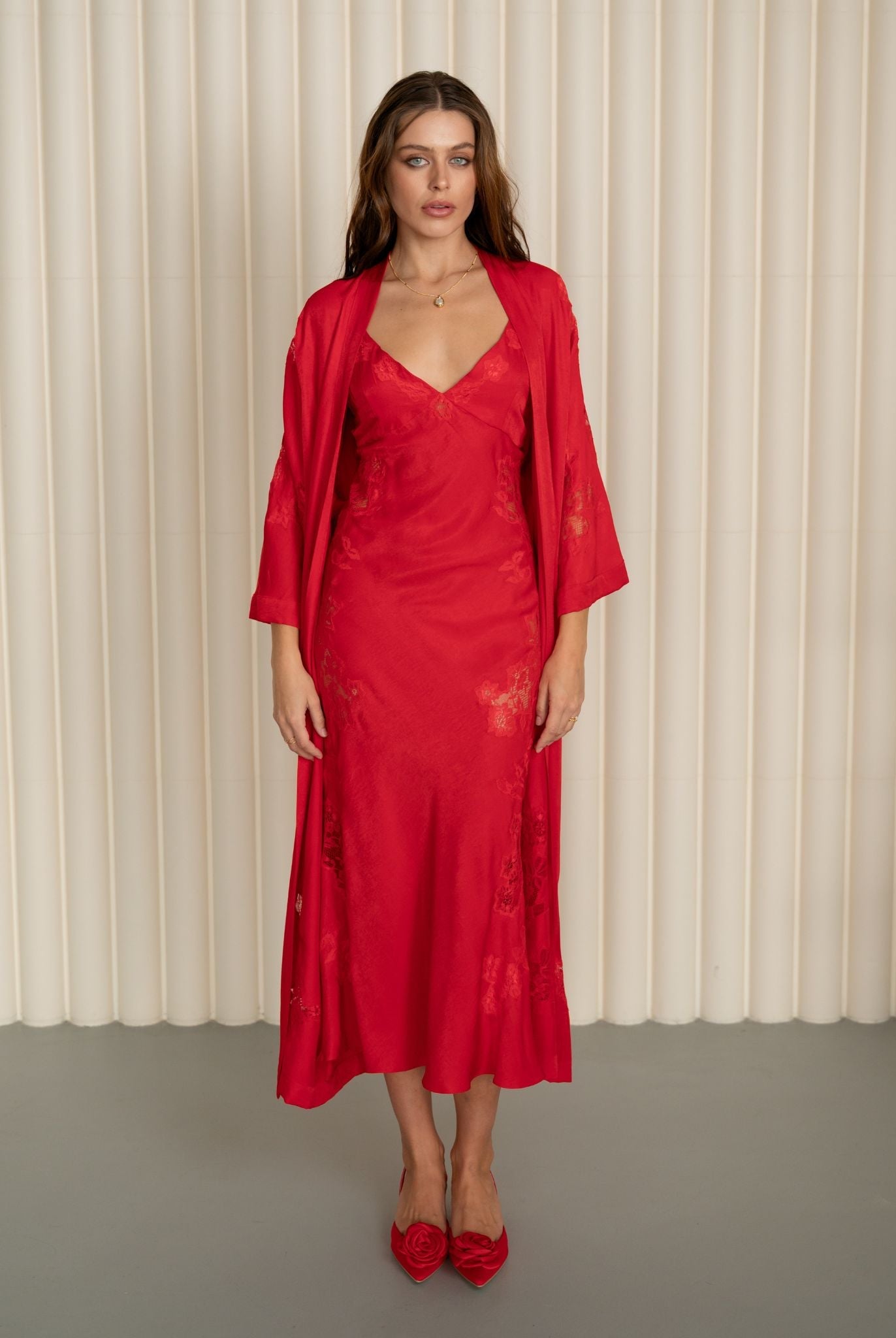 Red Robe and Nightgown Set in a static full-length pose, showcasing the high-quality viscose and graceful structure.