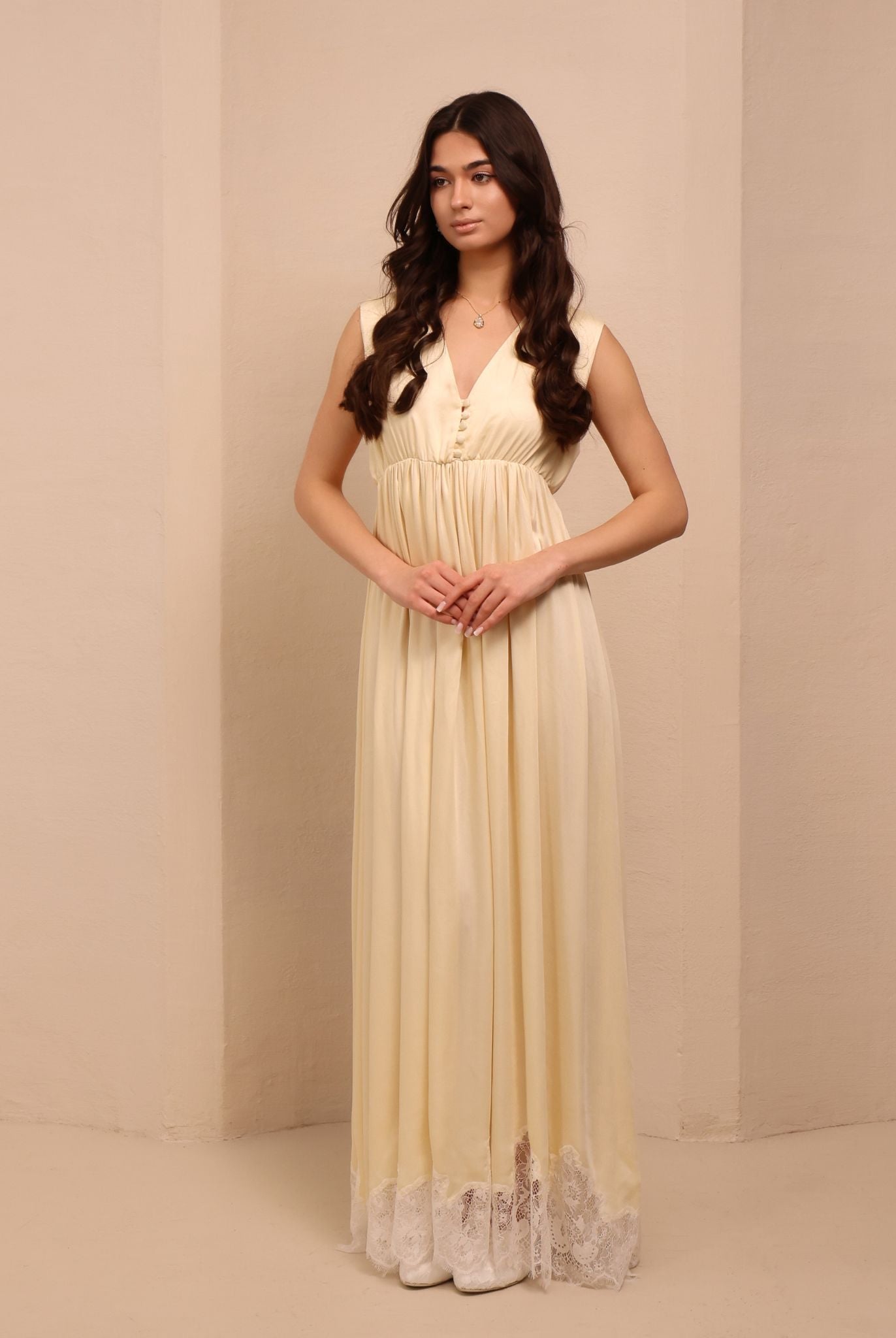 Frontal view of the Robe and Nightgown Set dress, focusing on the flattering silhouette and effortless flow.