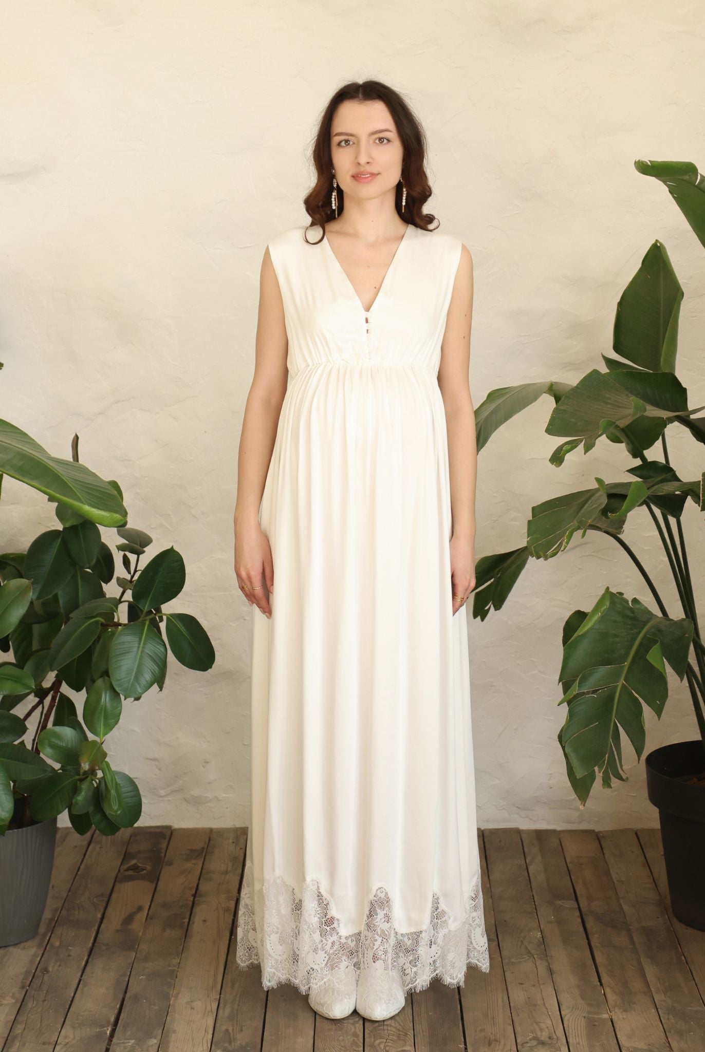 Frontal view of the nightgown, featuring tiny pearl buttons and a gently elasticated band for a flattering silhouette.