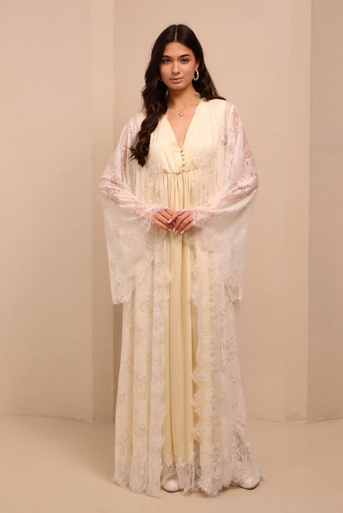 A full-length shot of the layered ensemble, designed for graceful transitions and comfort during daily rituals.