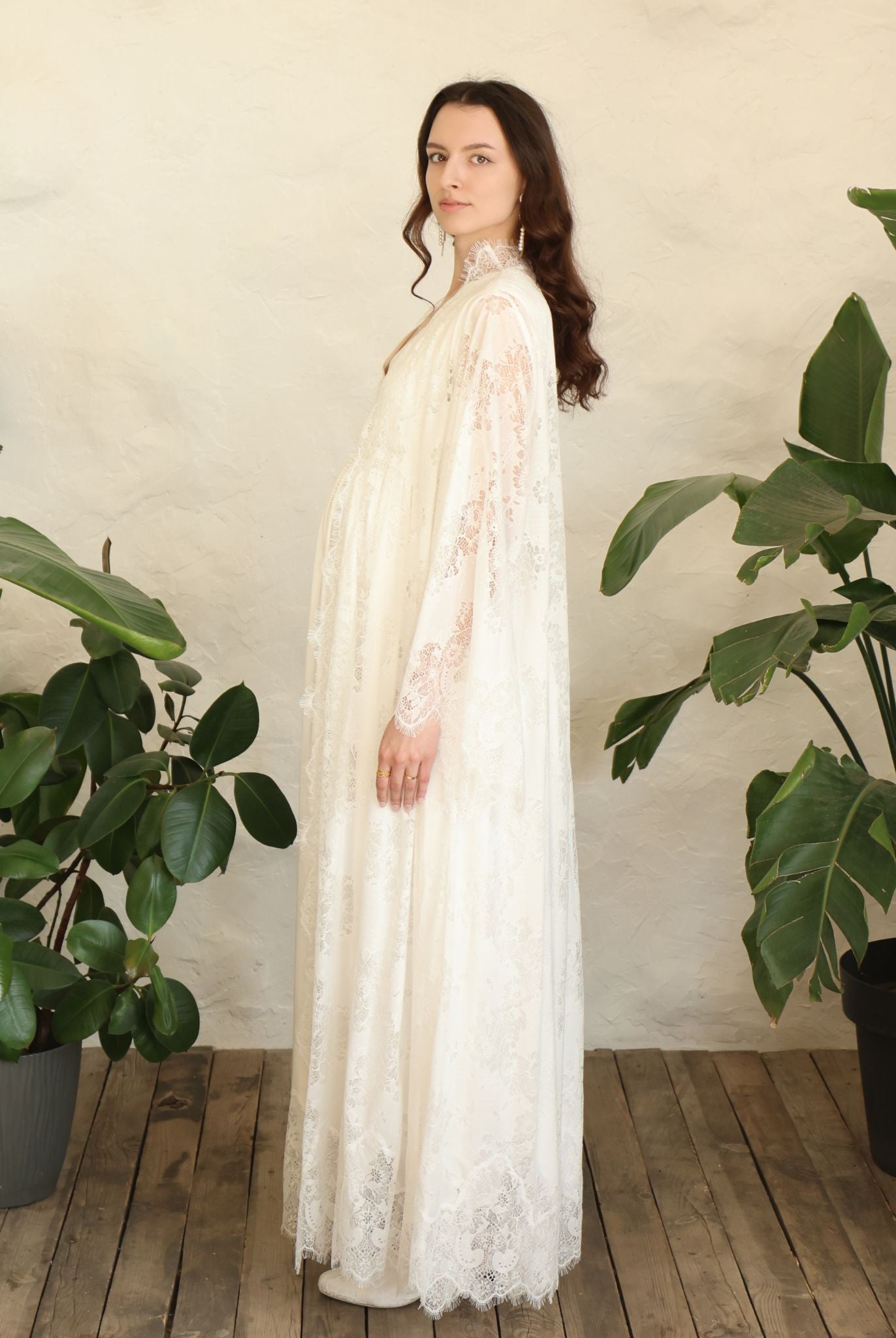 Side perspective of the Robe and Nightgown Set, showcasing the soft feminine aesthetic and breathable comfort.