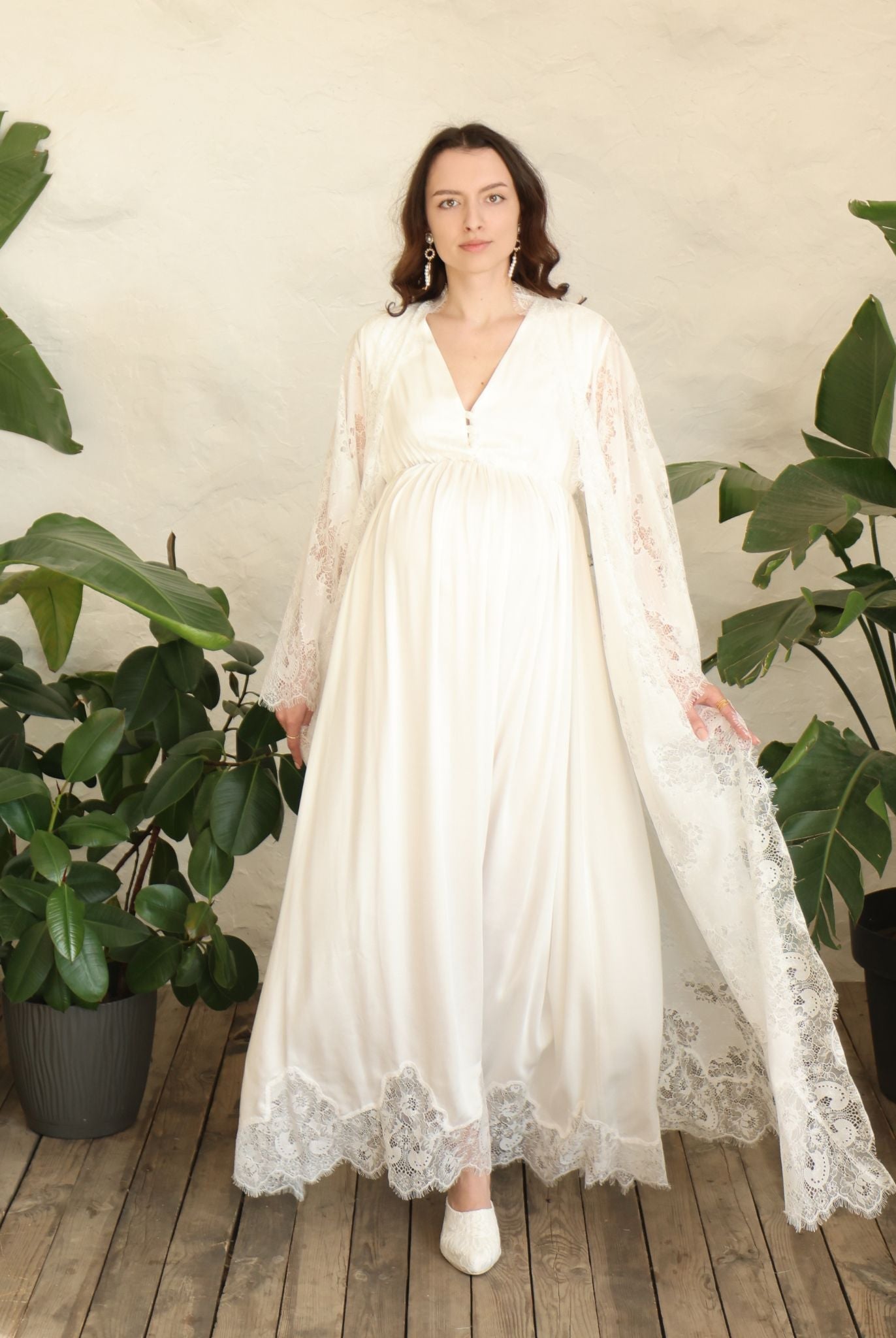 A dynamic shot of the lace robe in motion, highlighting the intricate detailing and its graceful, airy movement.