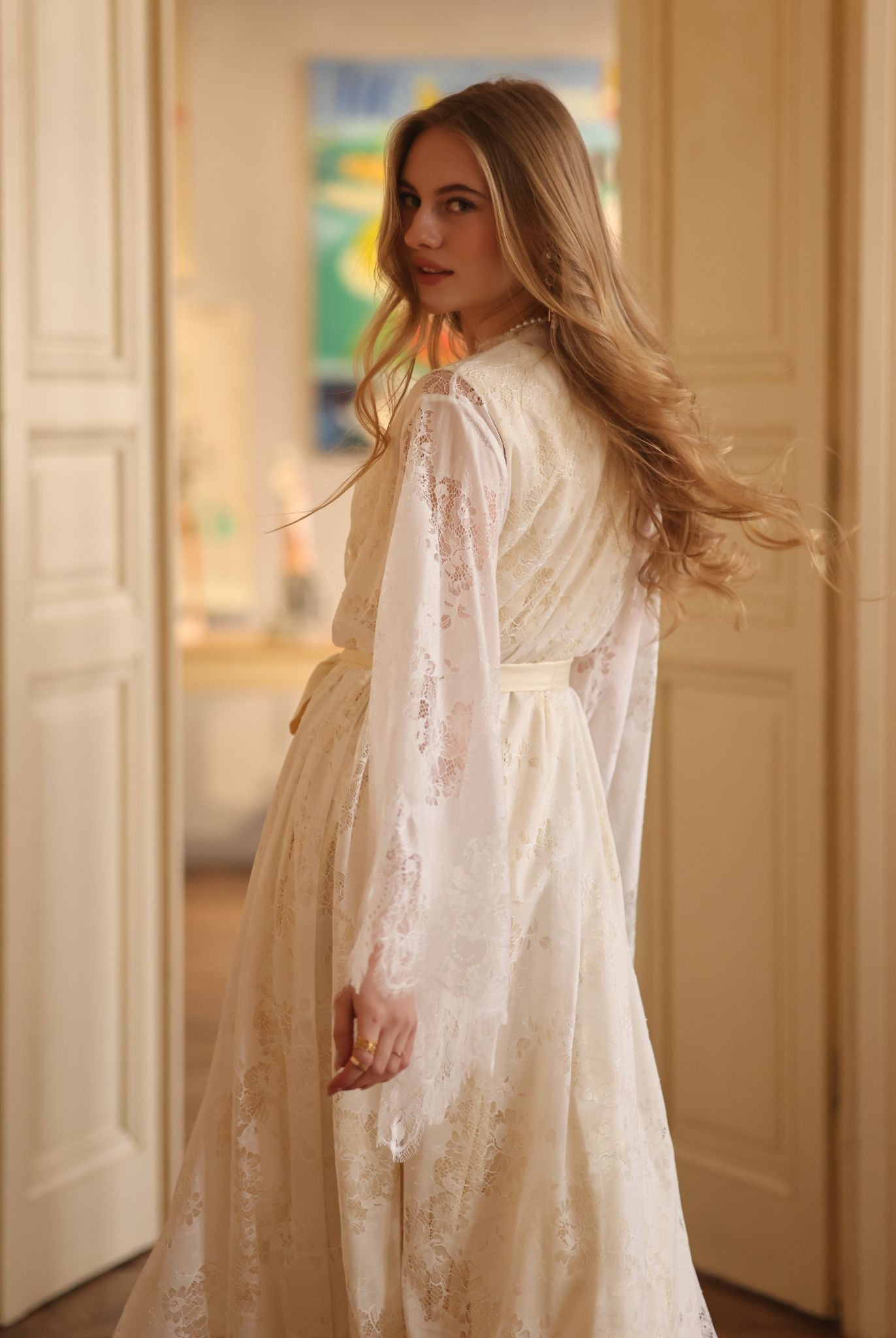 A creative side perspective capturing the graceful movement and the soft, breathable nature of the cotton nightgown.