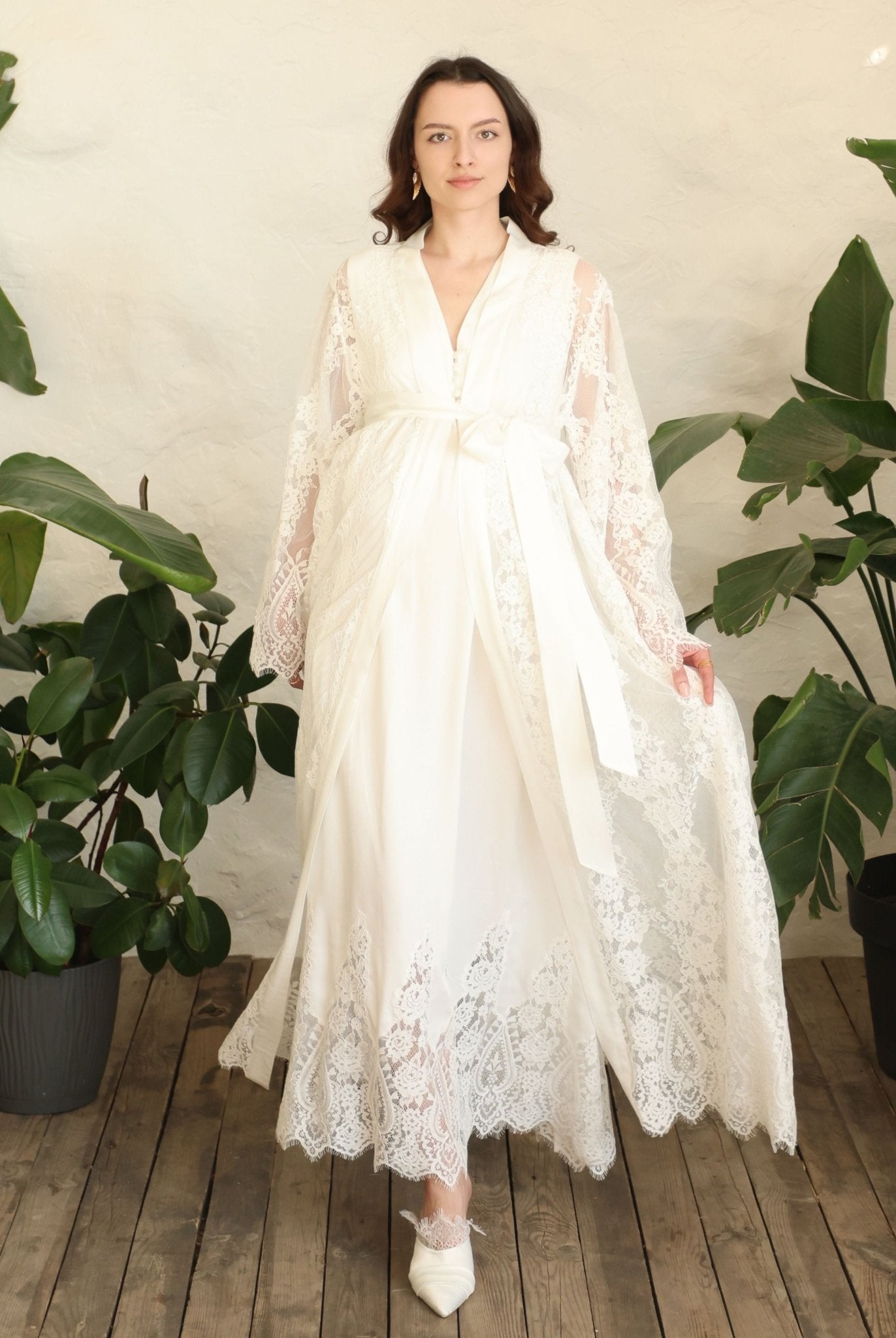 A poised frontal view of the set, highlighting the delicate lace detailing and the refined look for home.