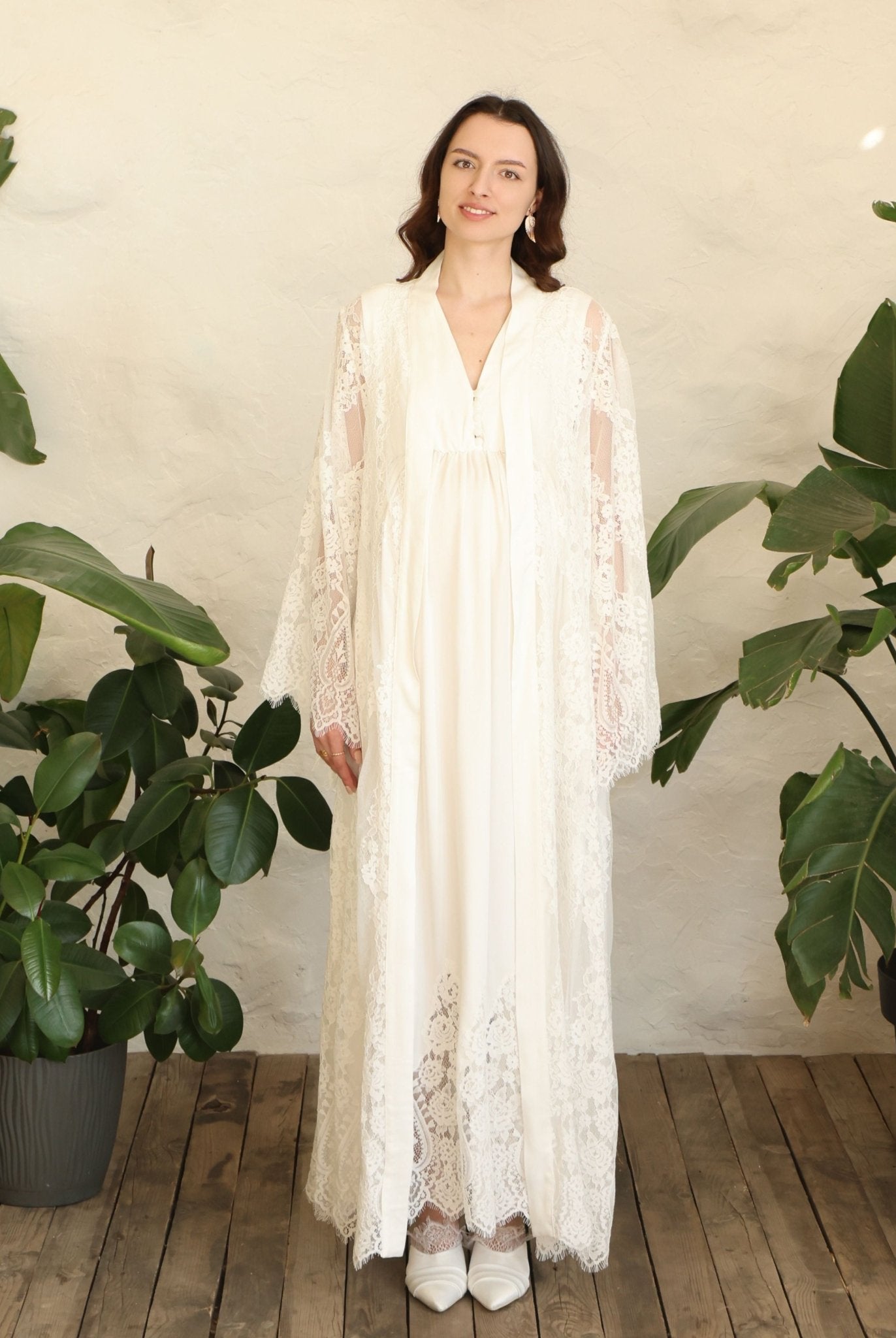 A poised frontal view of the set, highlighting the delicate lace detailing and the refined look for home.