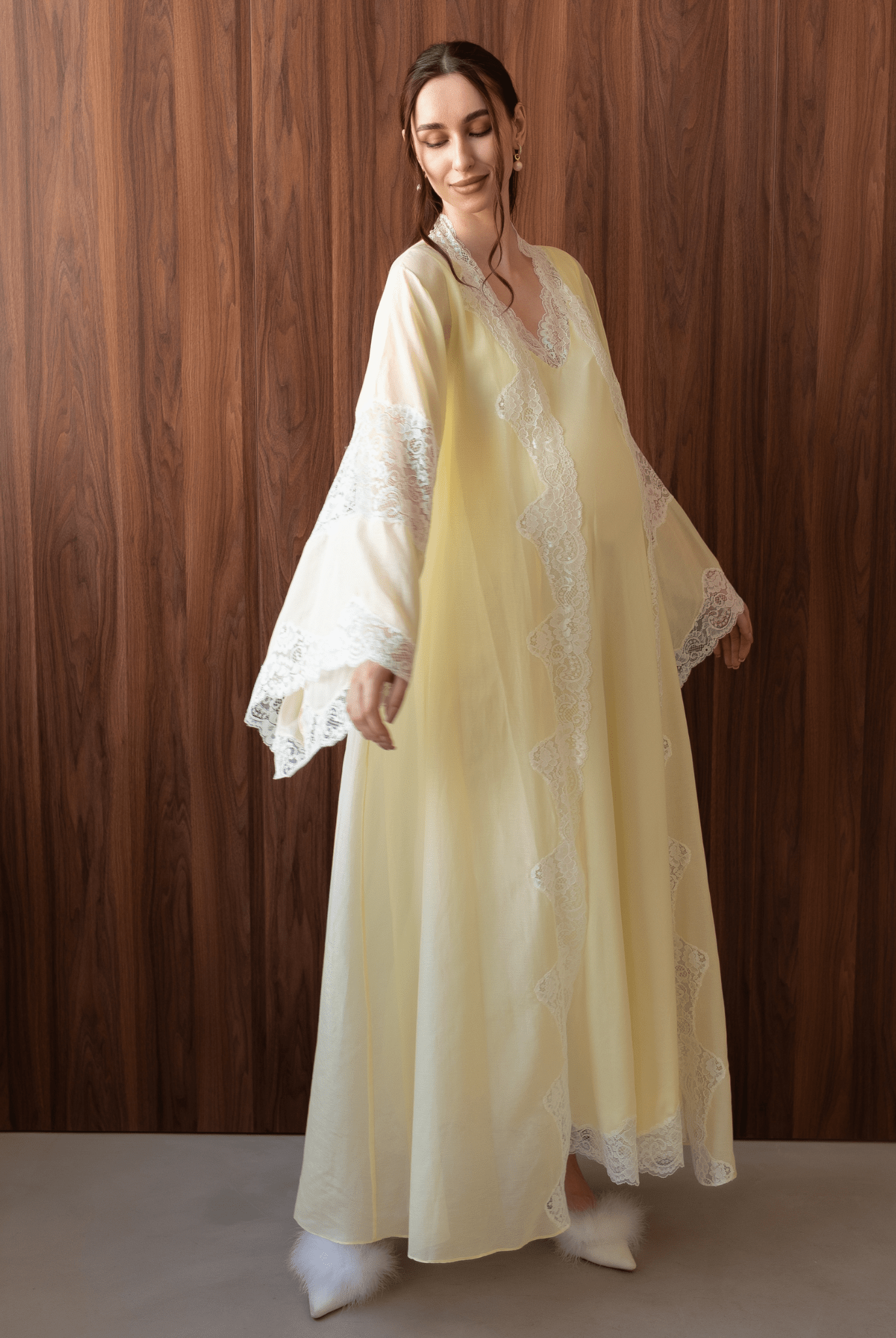 Light yellow Robe and Nightgown Set in a full-length shot, showcasing the wide flowing sleeves and soft cotton.