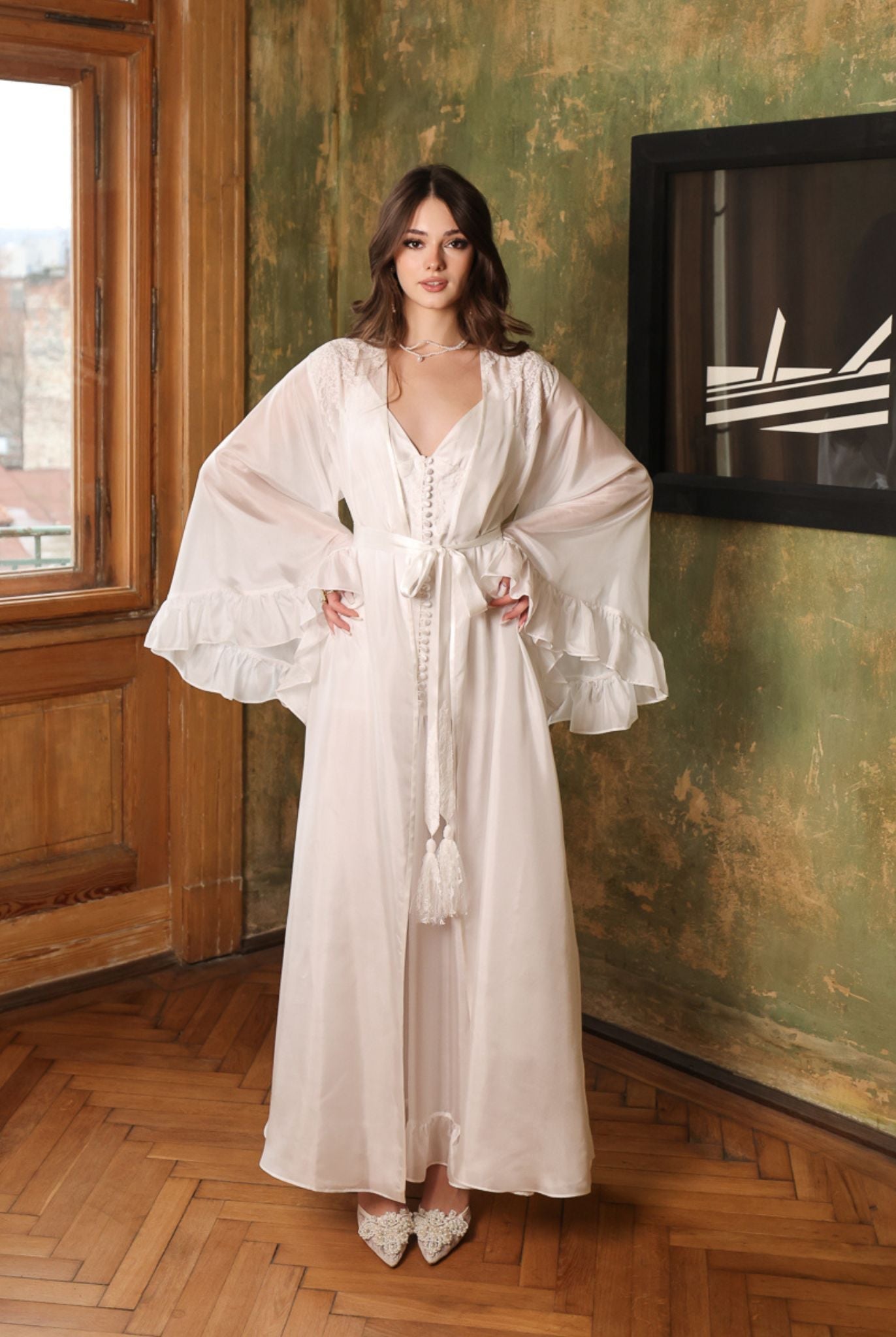 Frontal view of the belted silk robe, illustrating how the silk tie comfortably enhances the feminine silhouette.