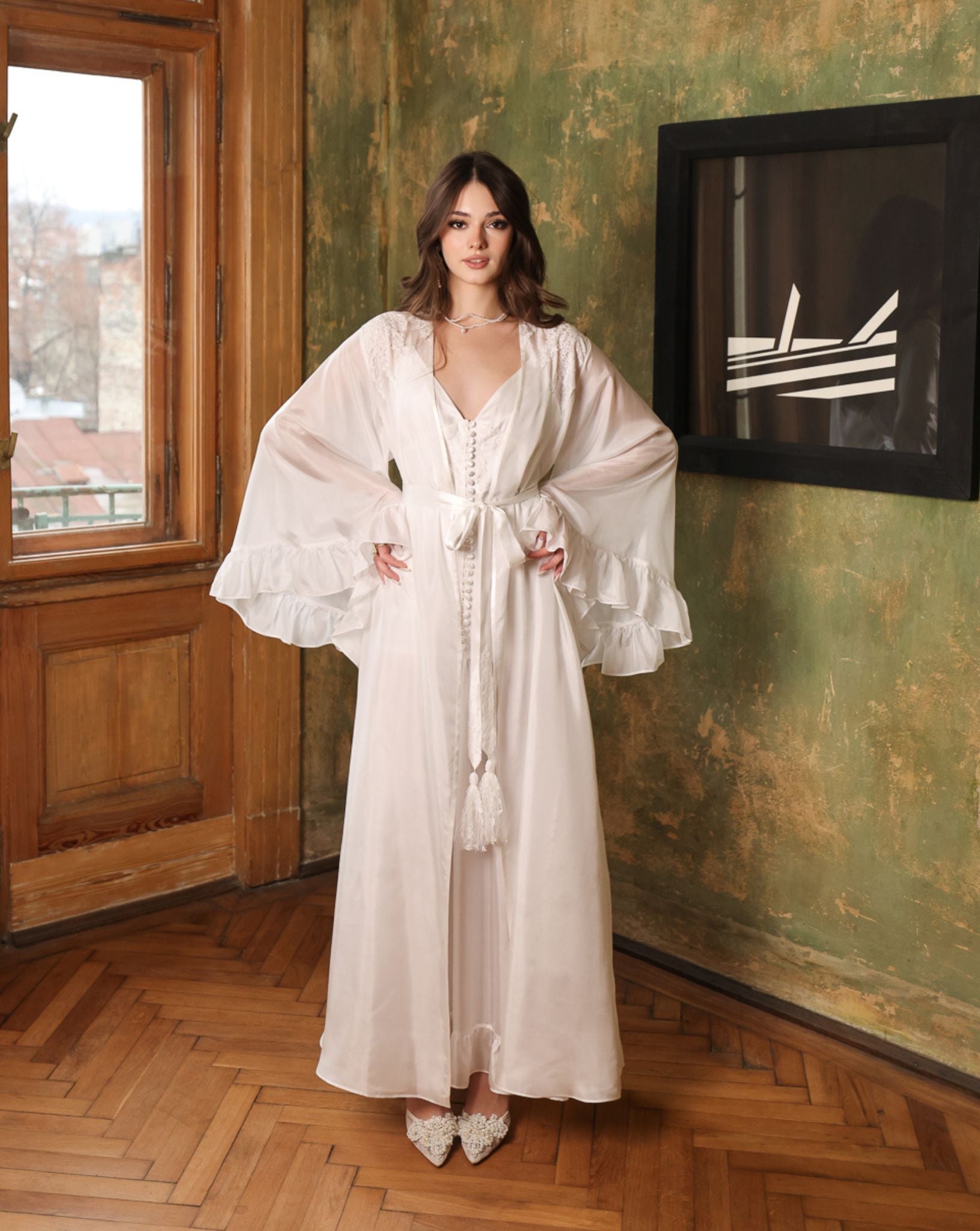 Frontal view of the belted silk robe, illustrating how the silk tie comfortably enhances the feminine silhouette.