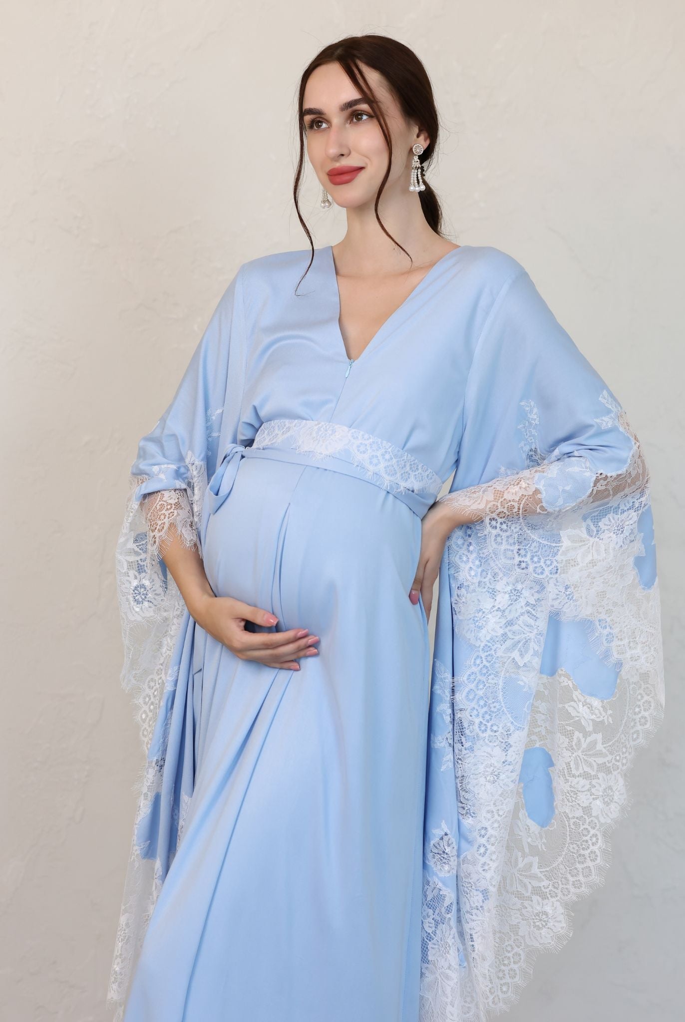 Mid-length pose illustrating the perfect balance of practical function and a graceful look for daily motherhood routine.