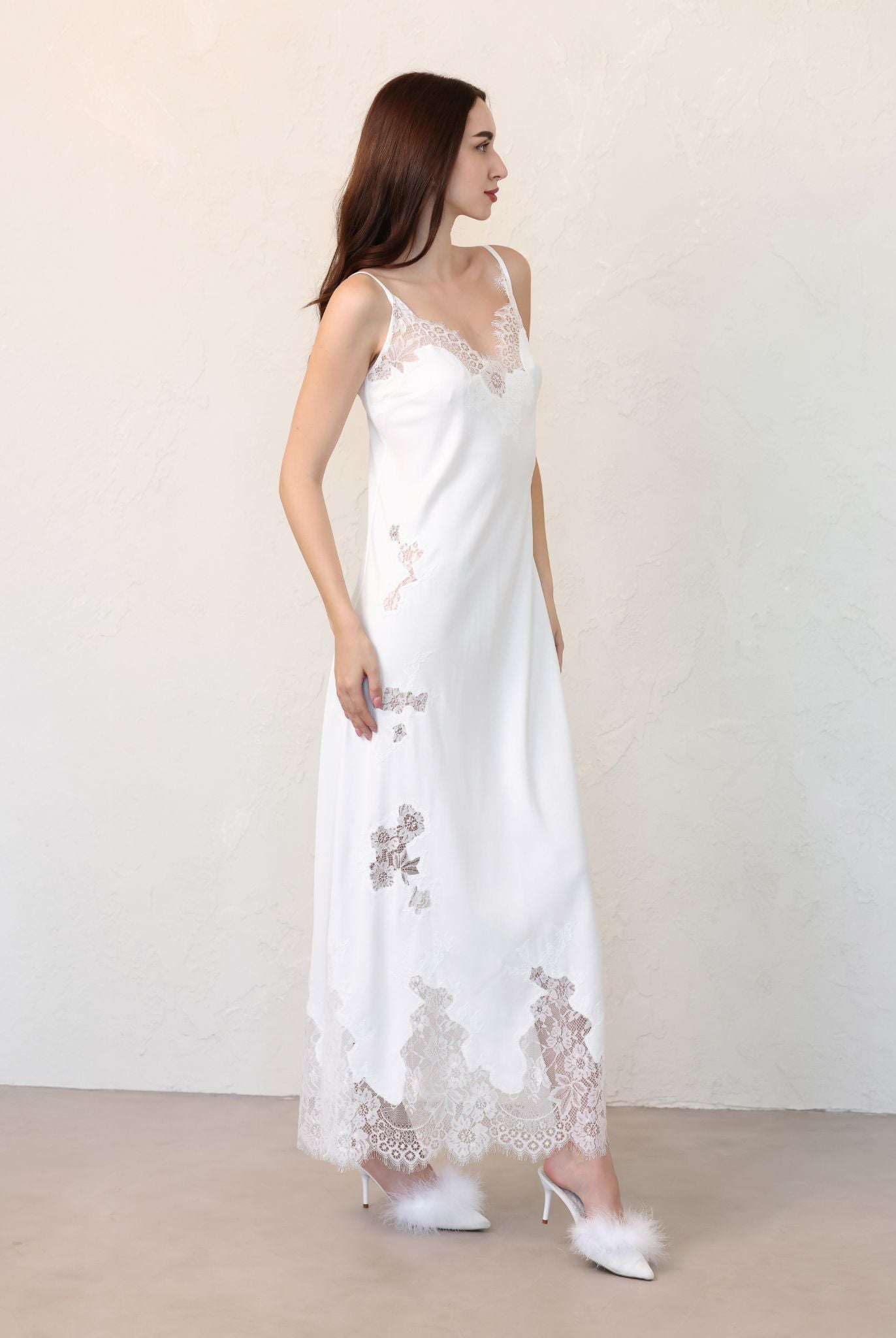 Back view of sheer lace robe with gentle train