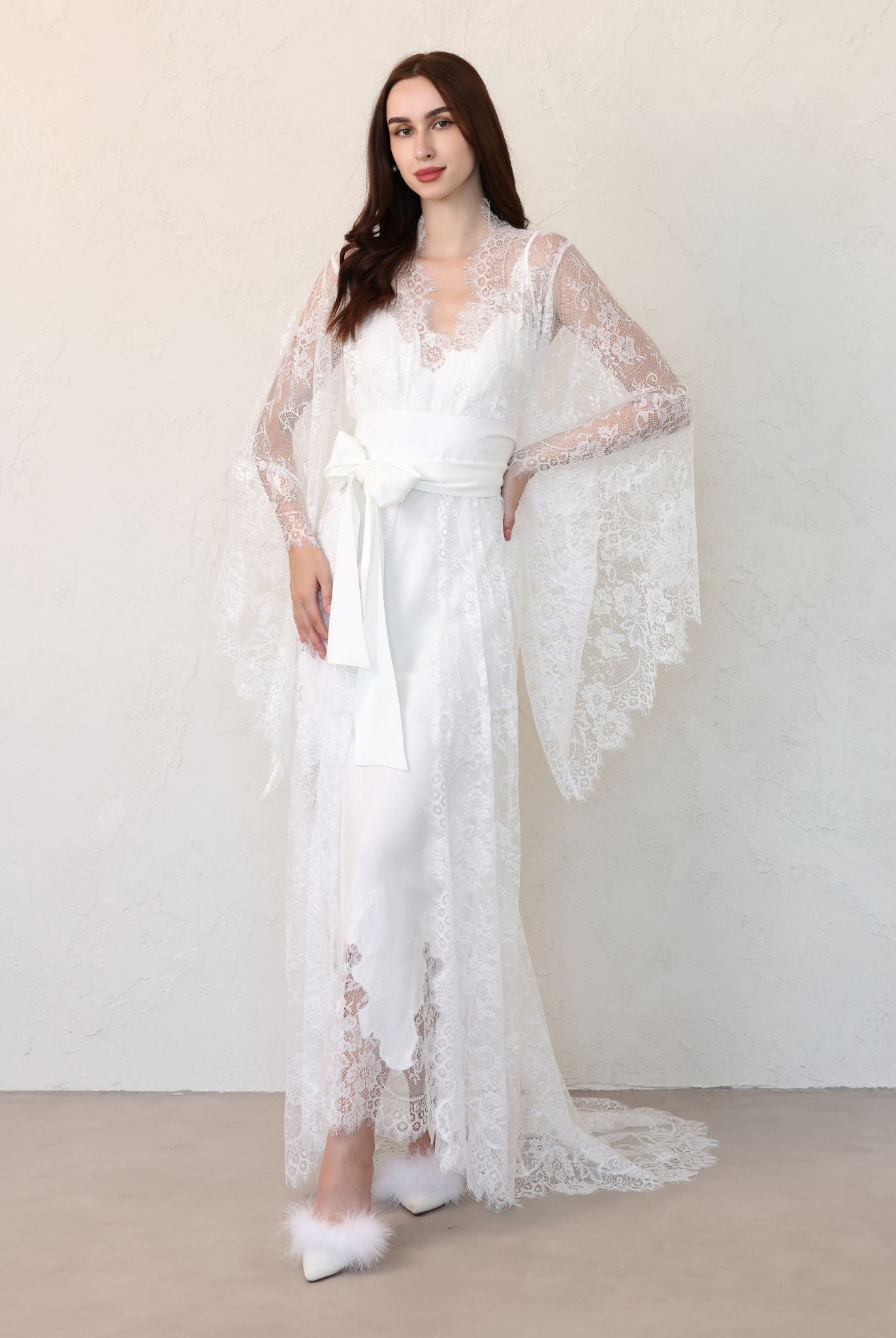 Woman wearing sheer lace robe over cotton nightgown, full front view – Bridal Robe and Nightgown Set