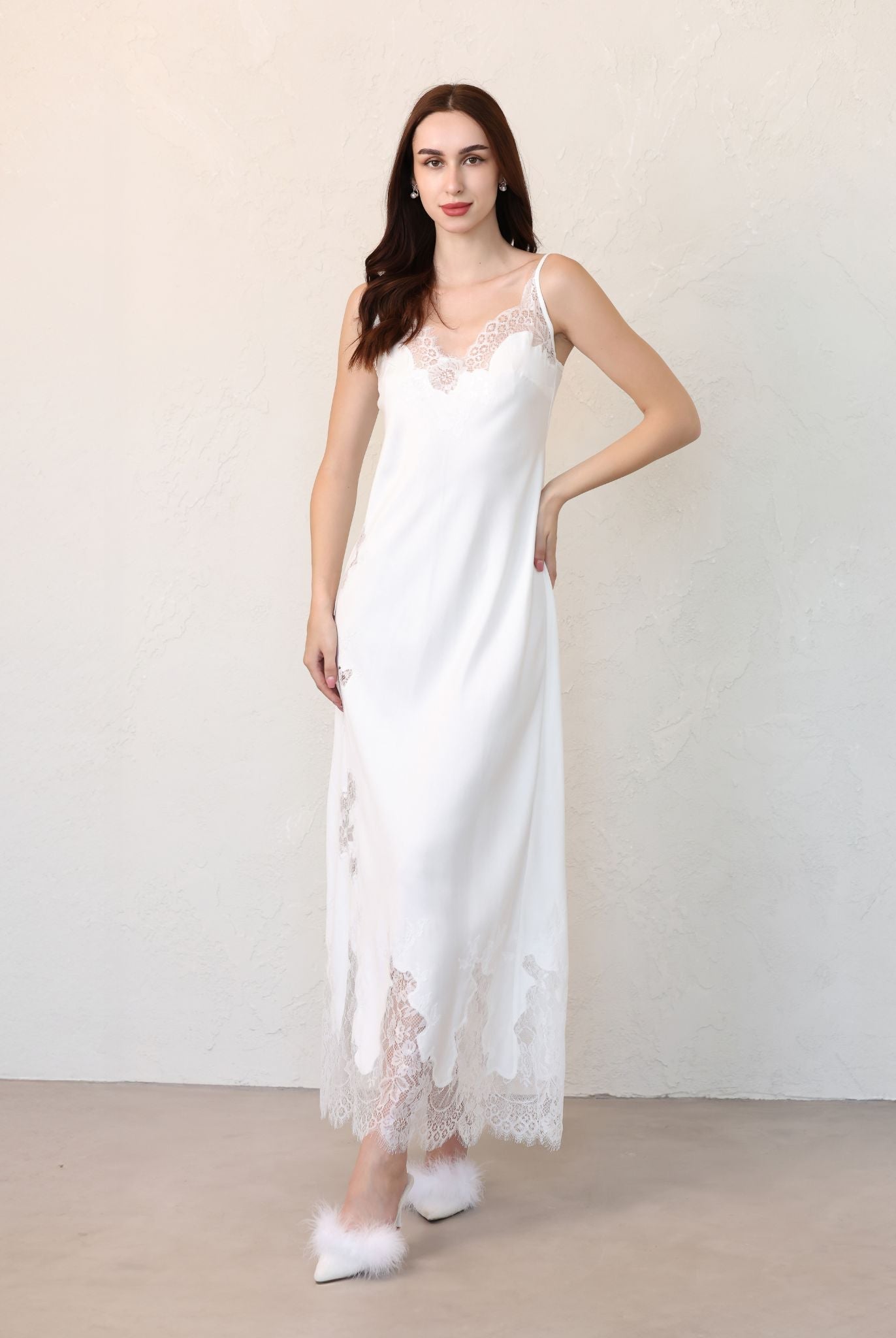 Full-length view of cotton slip dress with scalloped lace detail