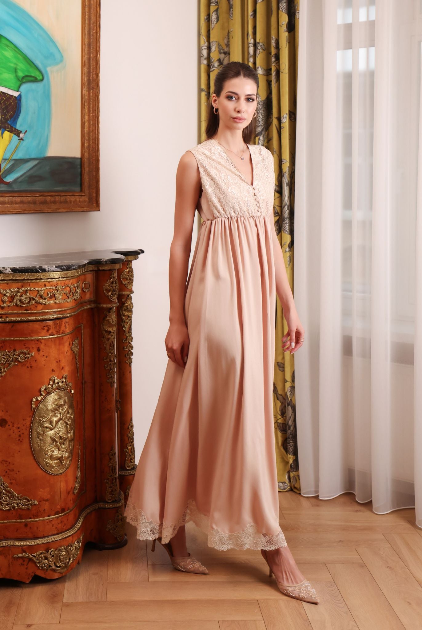 Action shot of the nightgown, showcasing how the breathable fabric moves gracefully with the body’s natural rhythm.