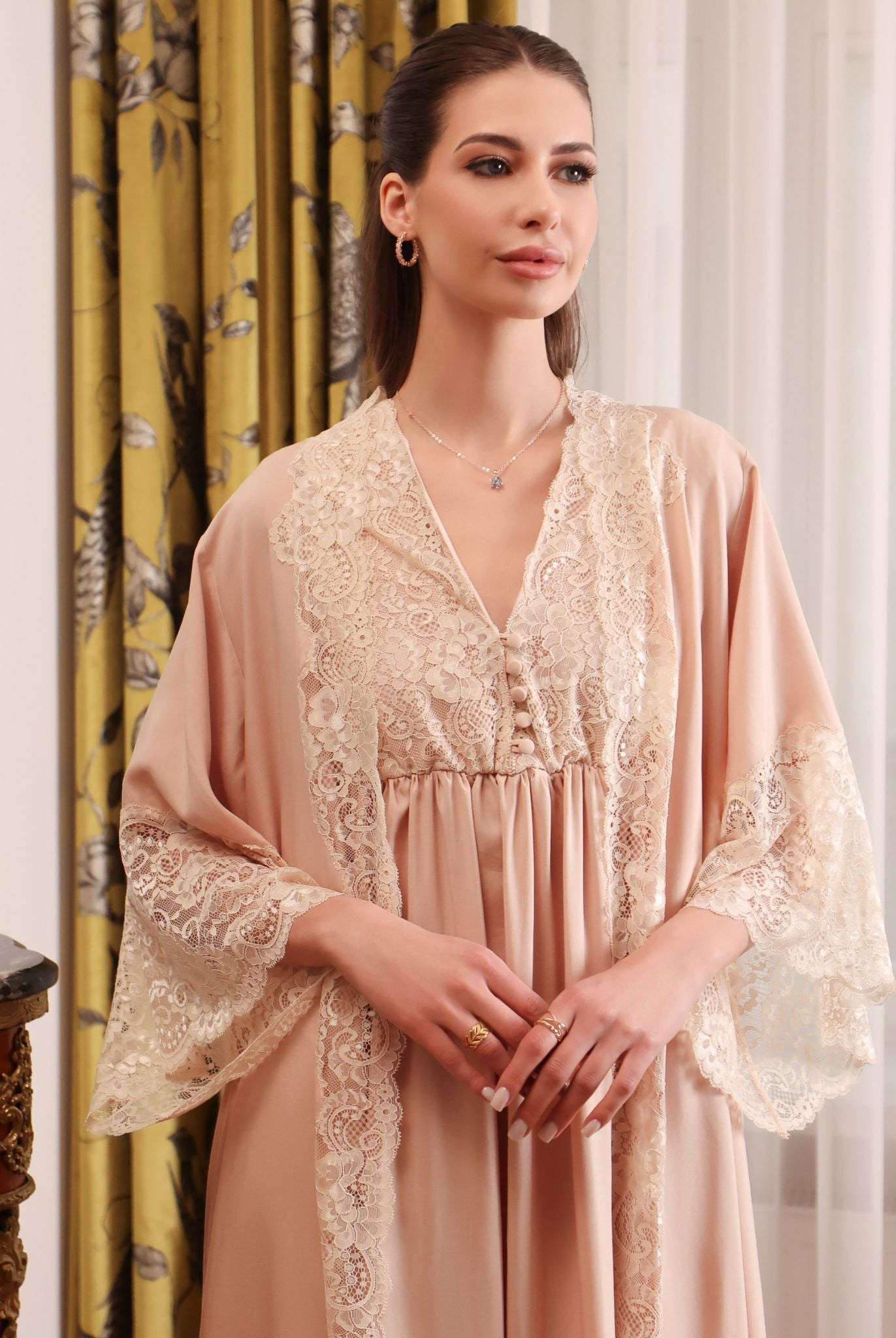 Mid-length view of the Robe and Nightgown Set, focusing on the gentle support and soft texture of the material.