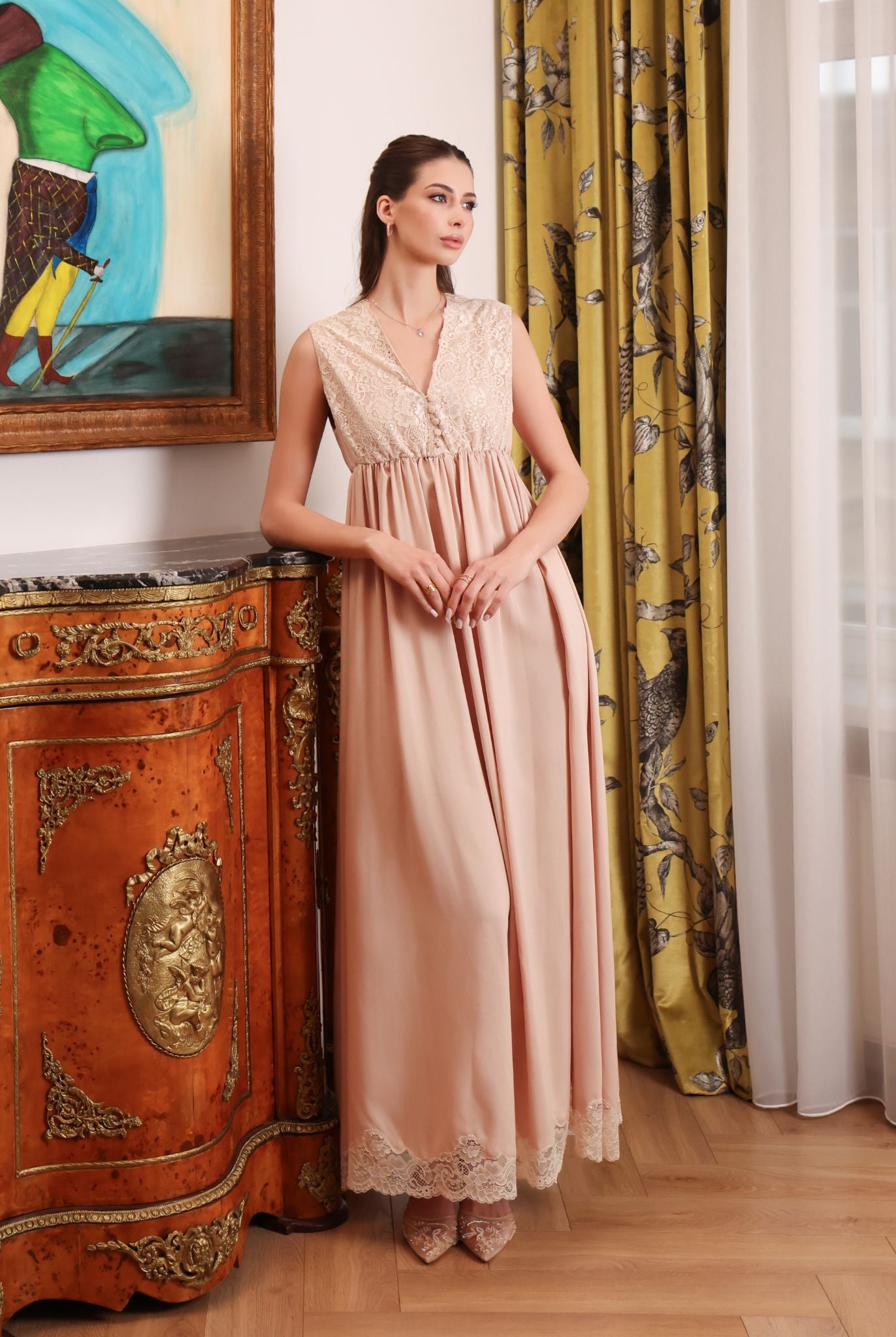 Frontal shot of the nightdress, featuring small reachable buttons on the floral lace bodice for easy nursing access.