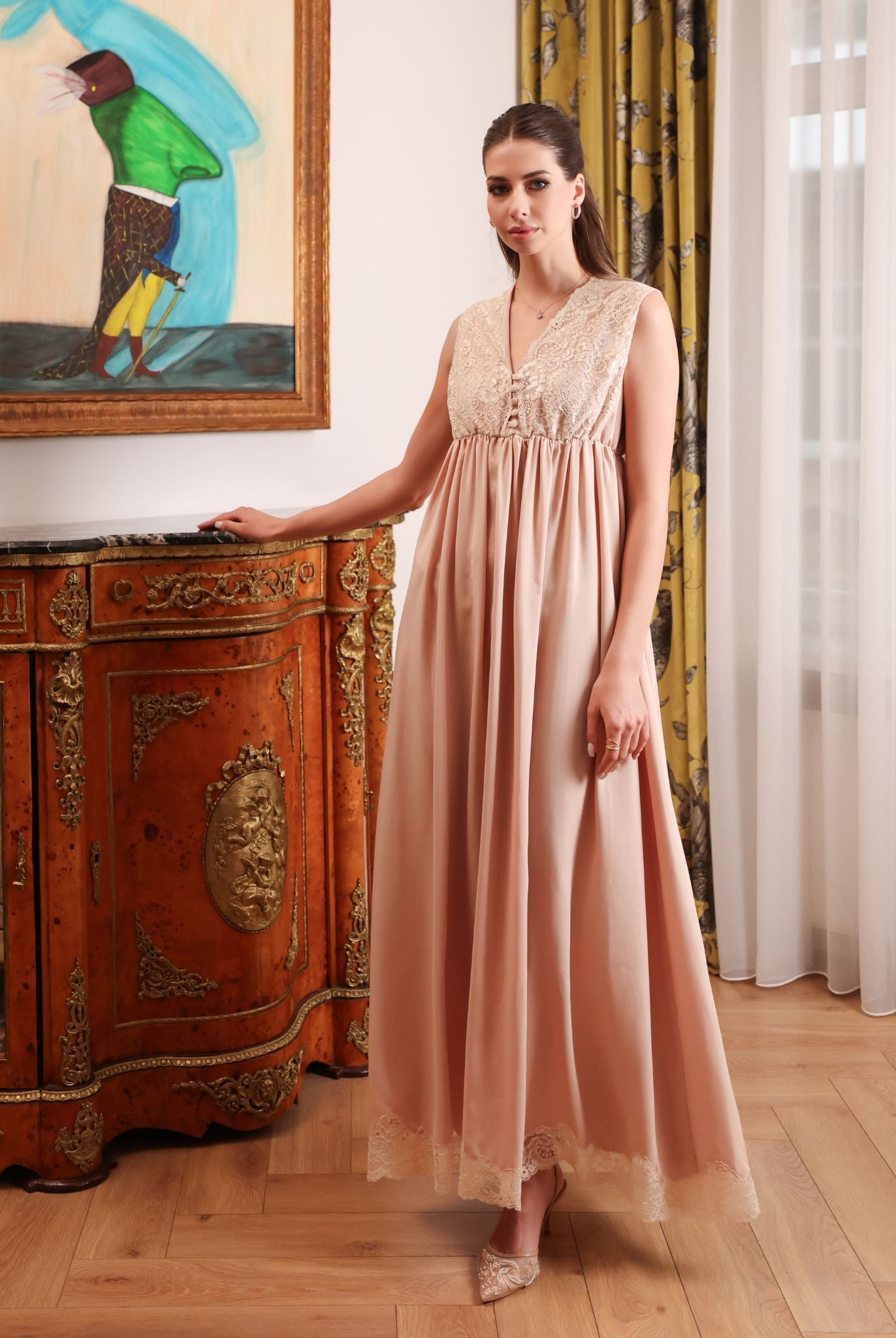 Side view of the cotton nightgown, illustrating the loose fit that allows for movement without any restriction.