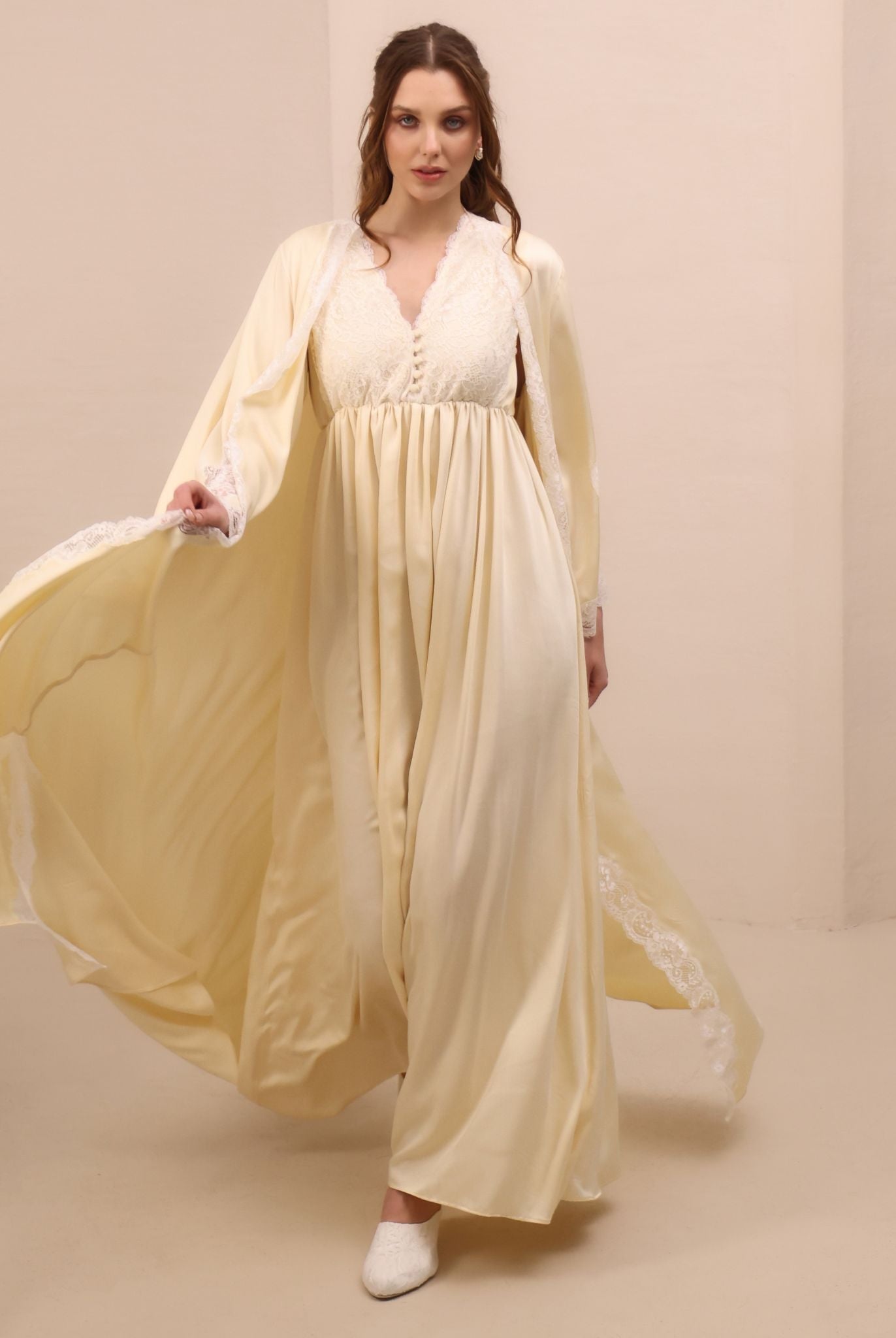 A dynamic frontal shot of the Maternity Robe and Nightgown Set, capturing the graceful movement of the rayon.