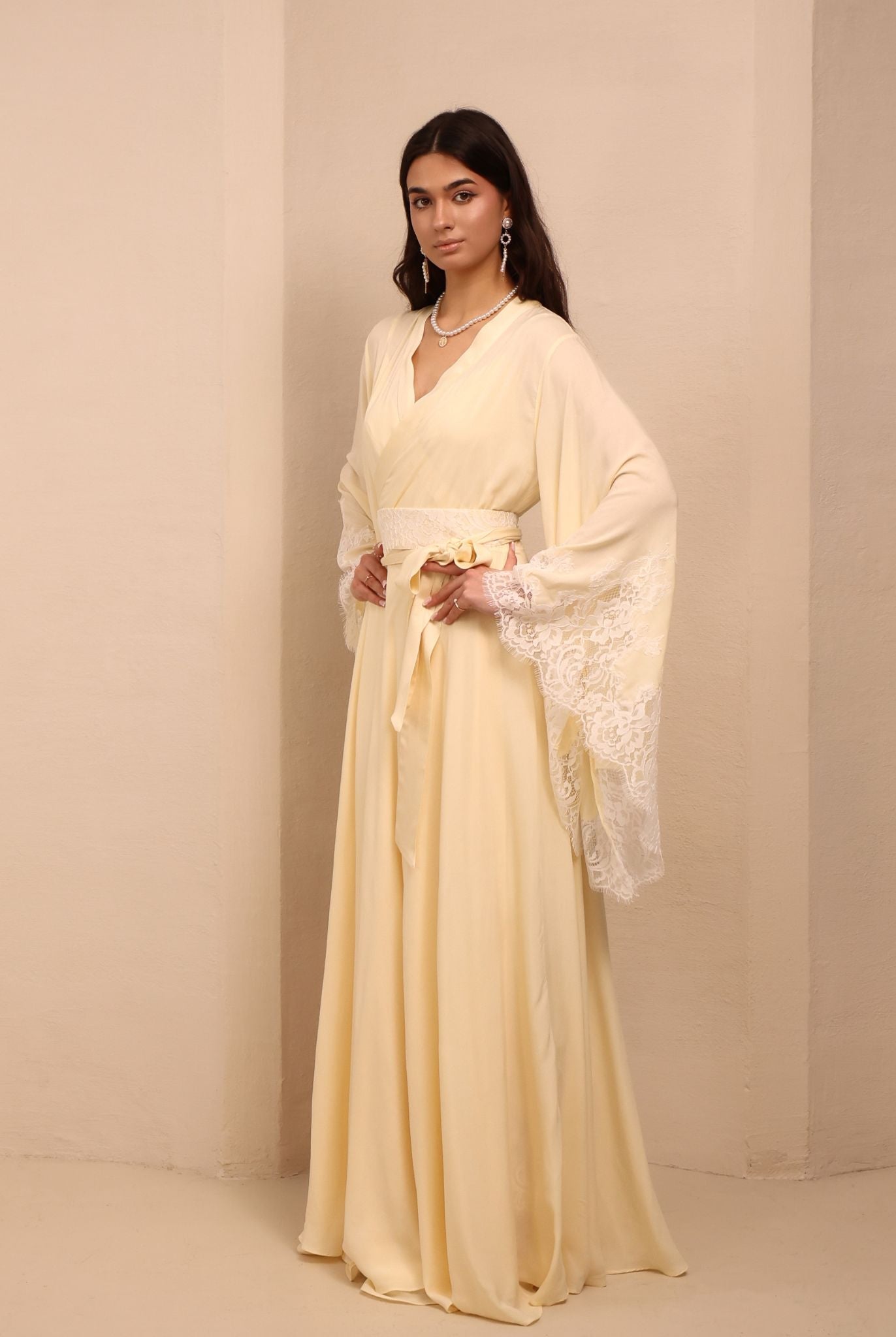 A static frontal shot of the Robe and Nightgown Set tied at the waist for a regal and composed presence.