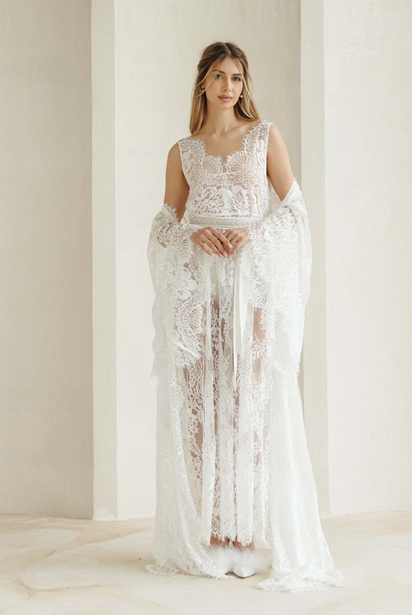 Standing pose with the robe resting easily on the shoulders, emphasizing the effortless celebration of femininity.