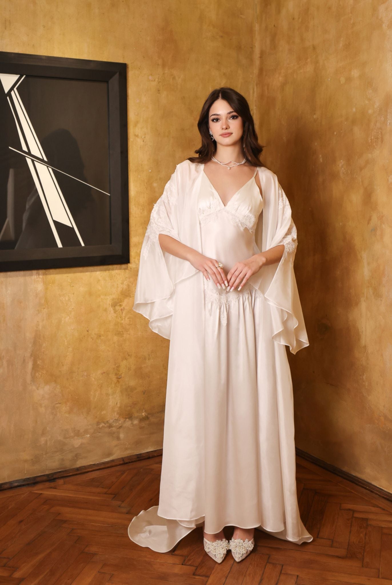 Full-length front view of the Silk Robe and Nightgown Set, perfect for morning rituals and special bridal moments.