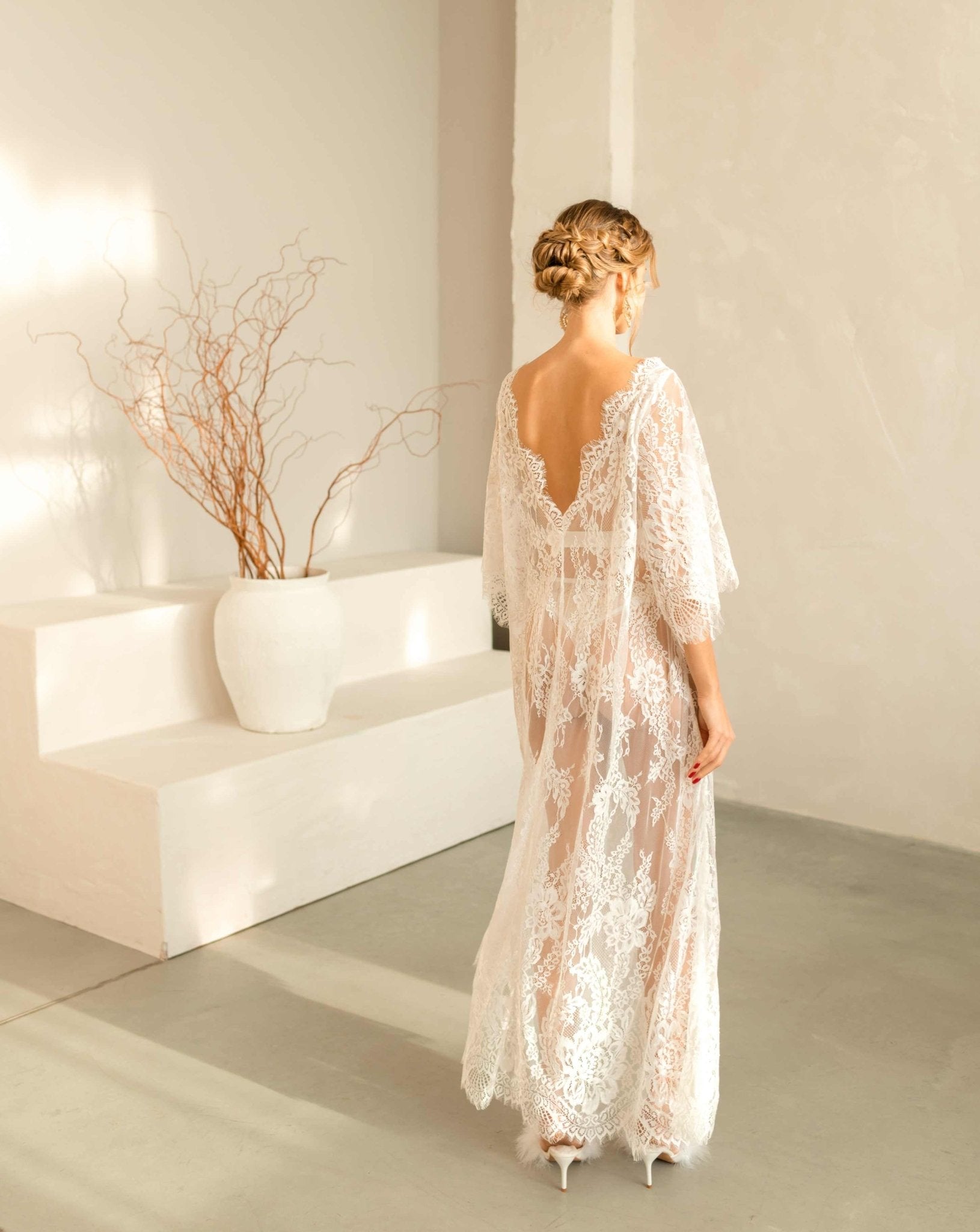 Back view of the Flora lace wedding nightdress, revealing the elegant back neckline.