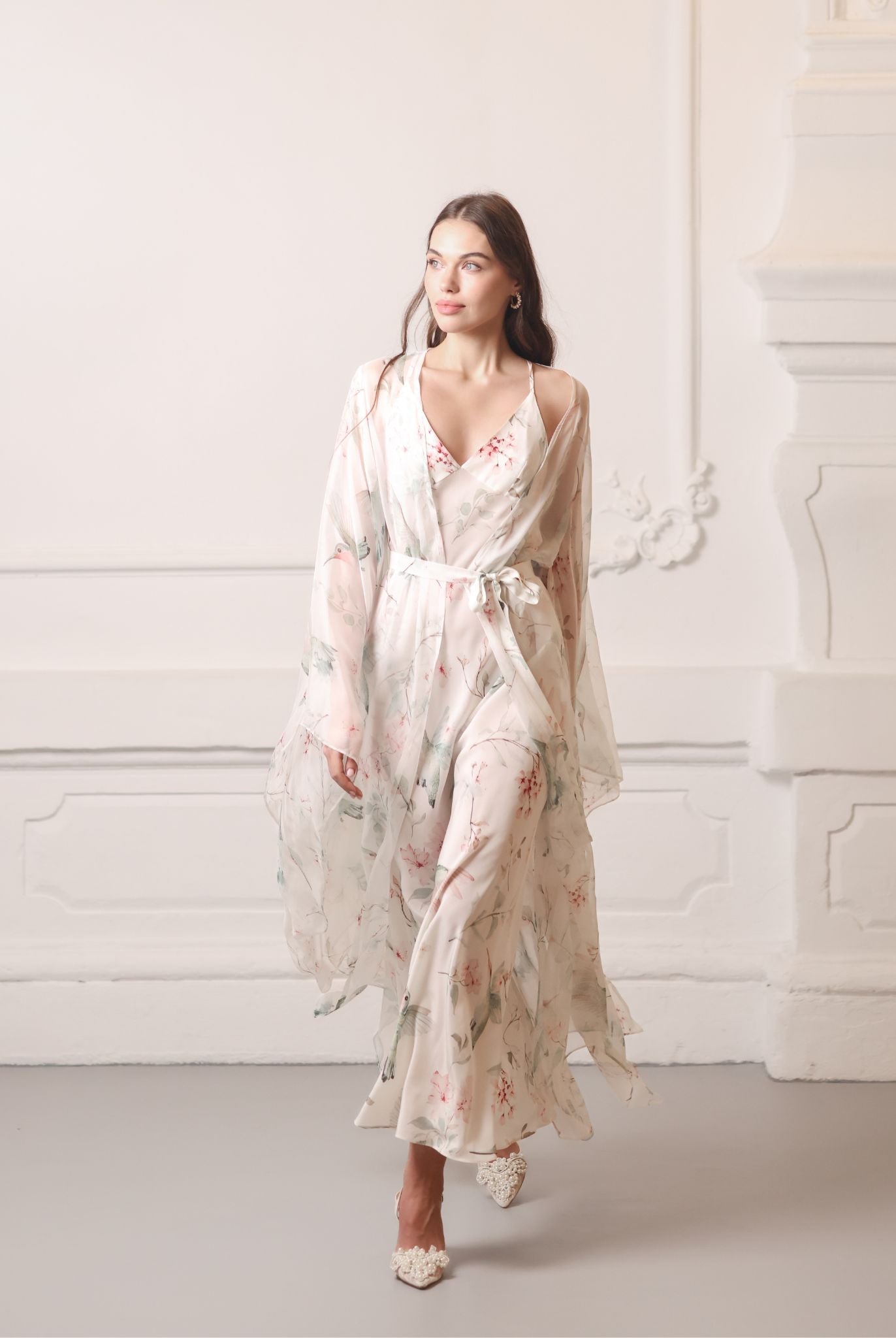 Elegant Silk Robe and Nightgown Set made from 100% mulberry silk, gliding effortlessly during a graceful walk.