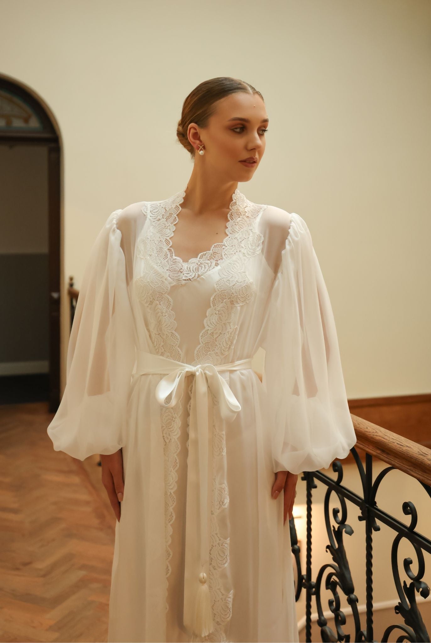 Belted Silk Robe and Nightgown Set in a mid-length view, focusing on the sophisticated wrap-over bridal style.