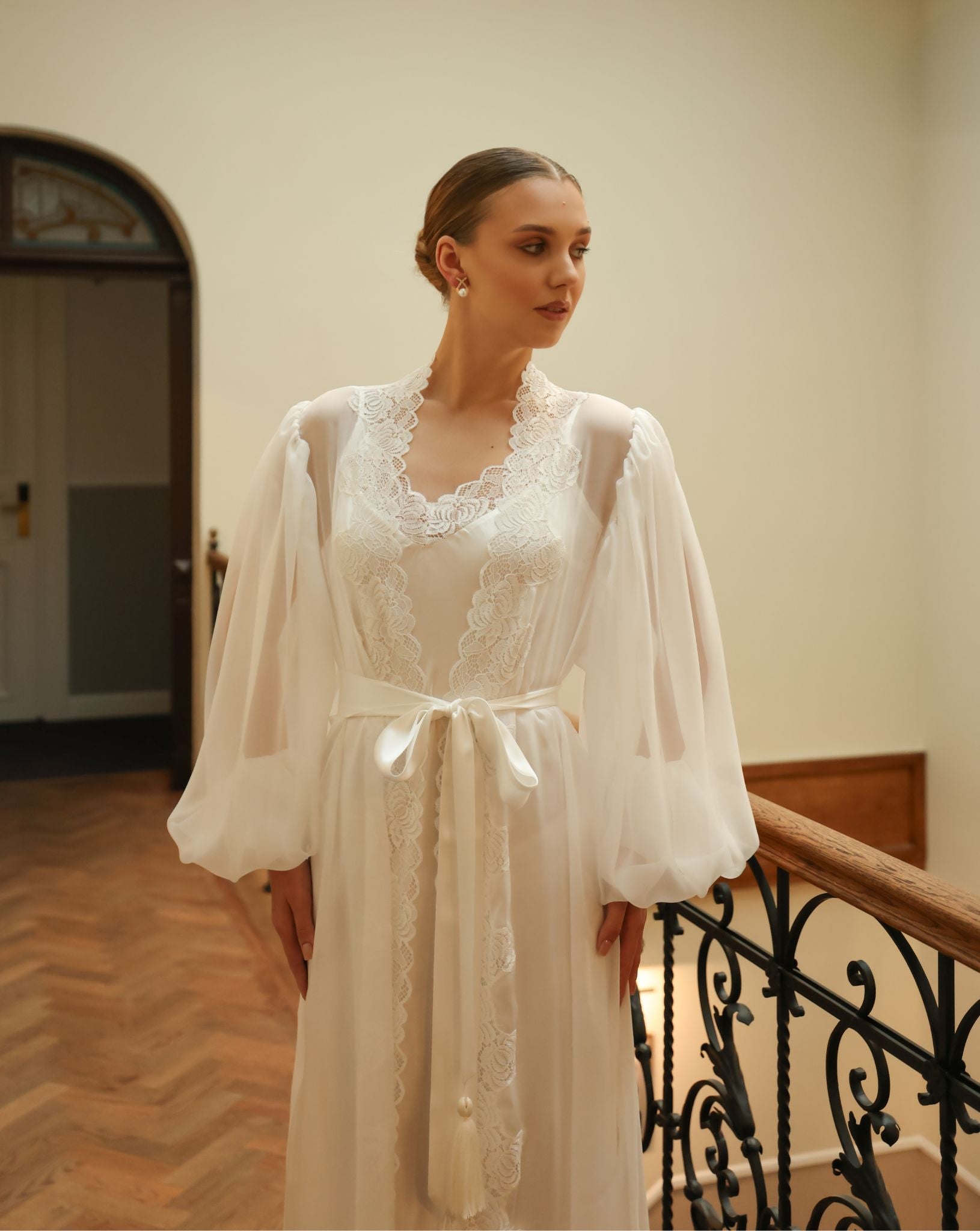 Belted Silk Robe and Nightgown Set in a mid-length view, focusing on the sophisticated wrap-over bridal style.