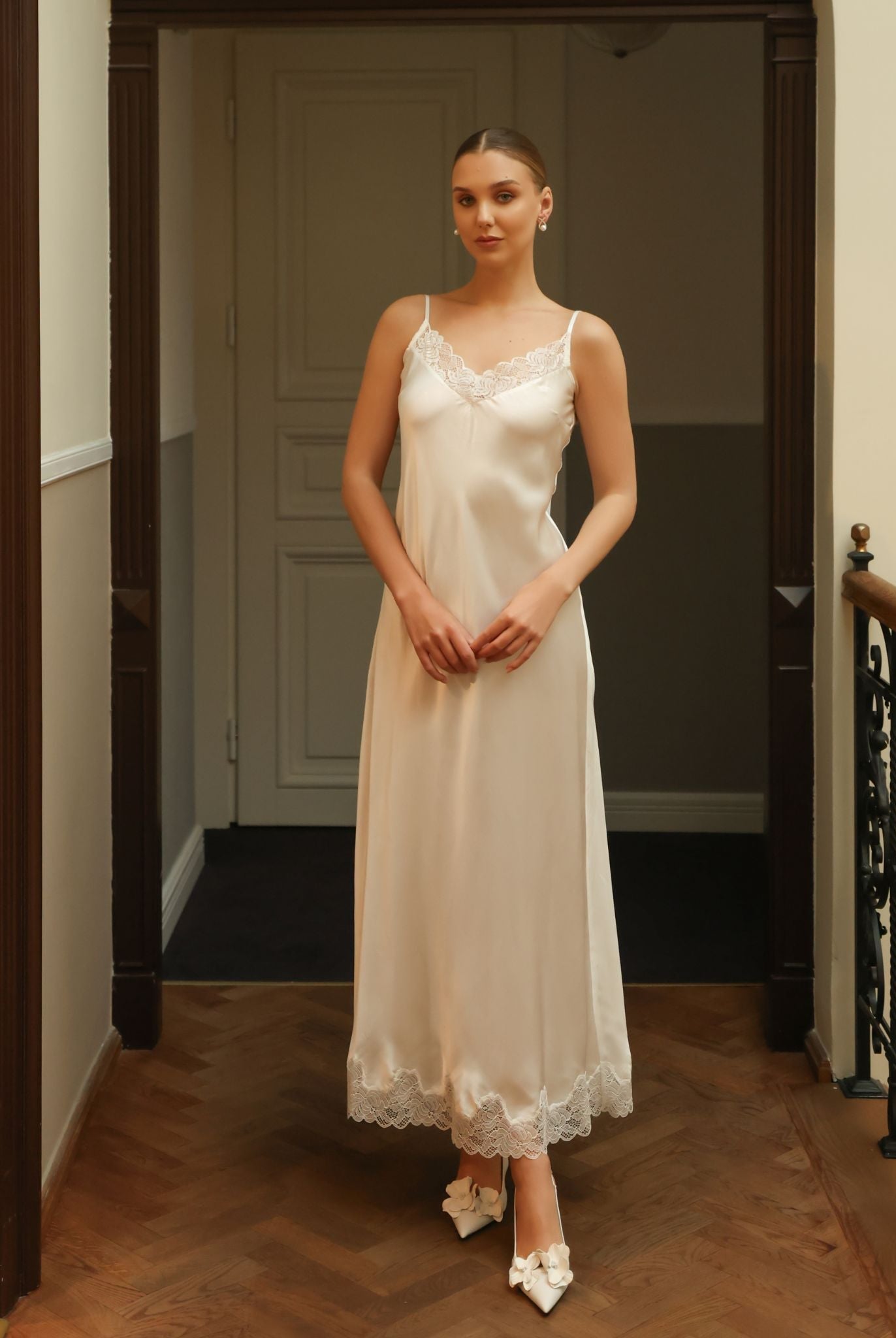 Frontal view of the silk satin nightgown, highlighting the smooth texture and flattering, elegant silhouette.