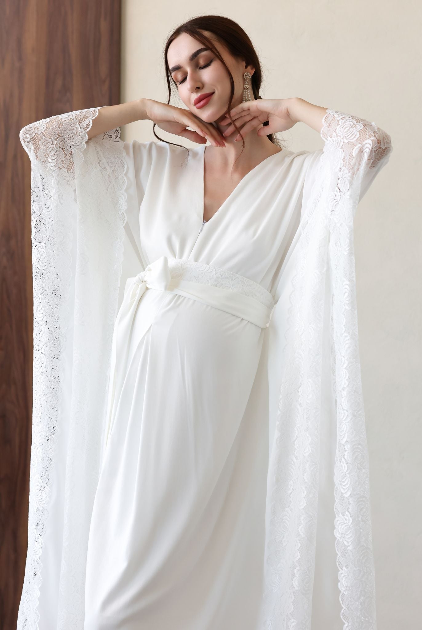 White cotton robe with lace-trimmed sleeves and V neckline