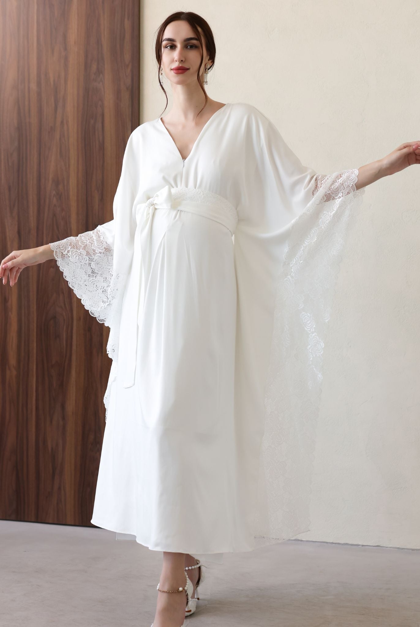 White cotton robe with lace-trimmed sleeves and V neckline