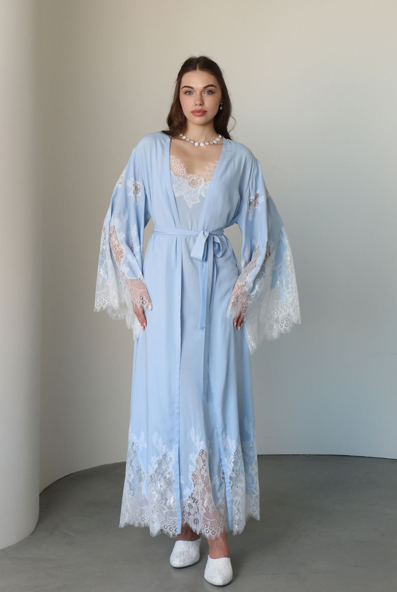 A static view of the Robe and Nightgown Set tied at the waist, illustrating a sophisticated and refined look.