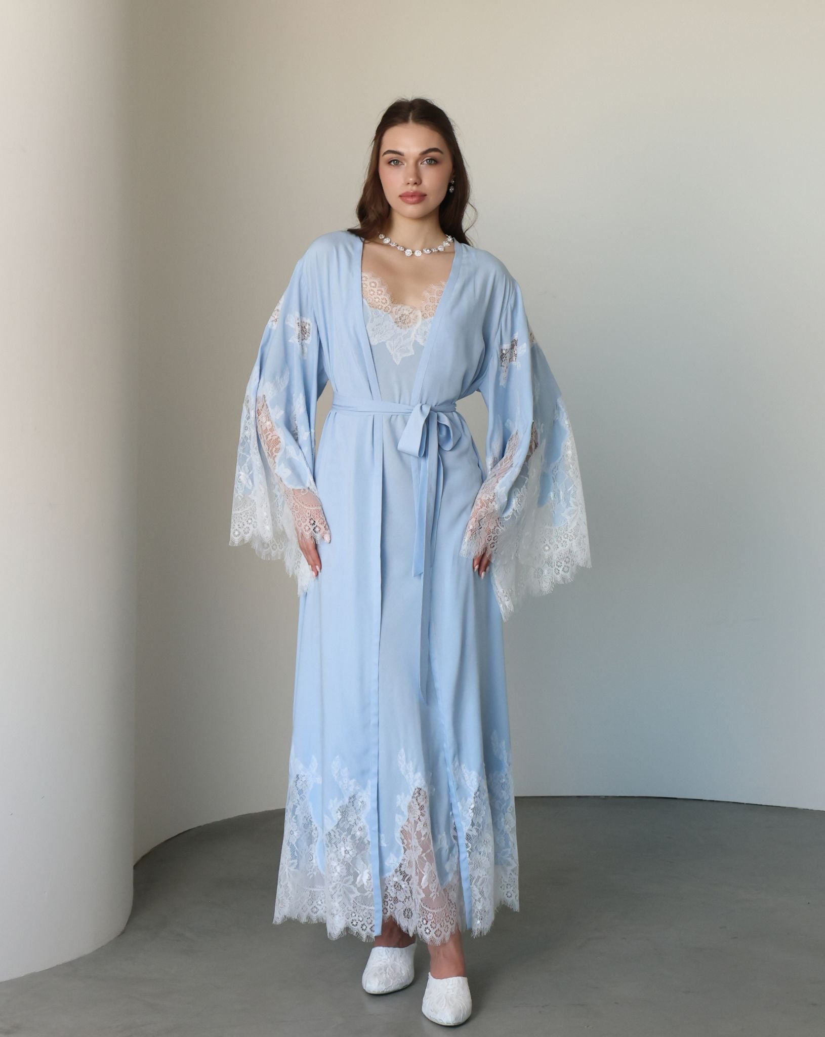 A static view of the Robe and Nightgown Set tied at the waist, illustrating a sophisticated and refined look.
