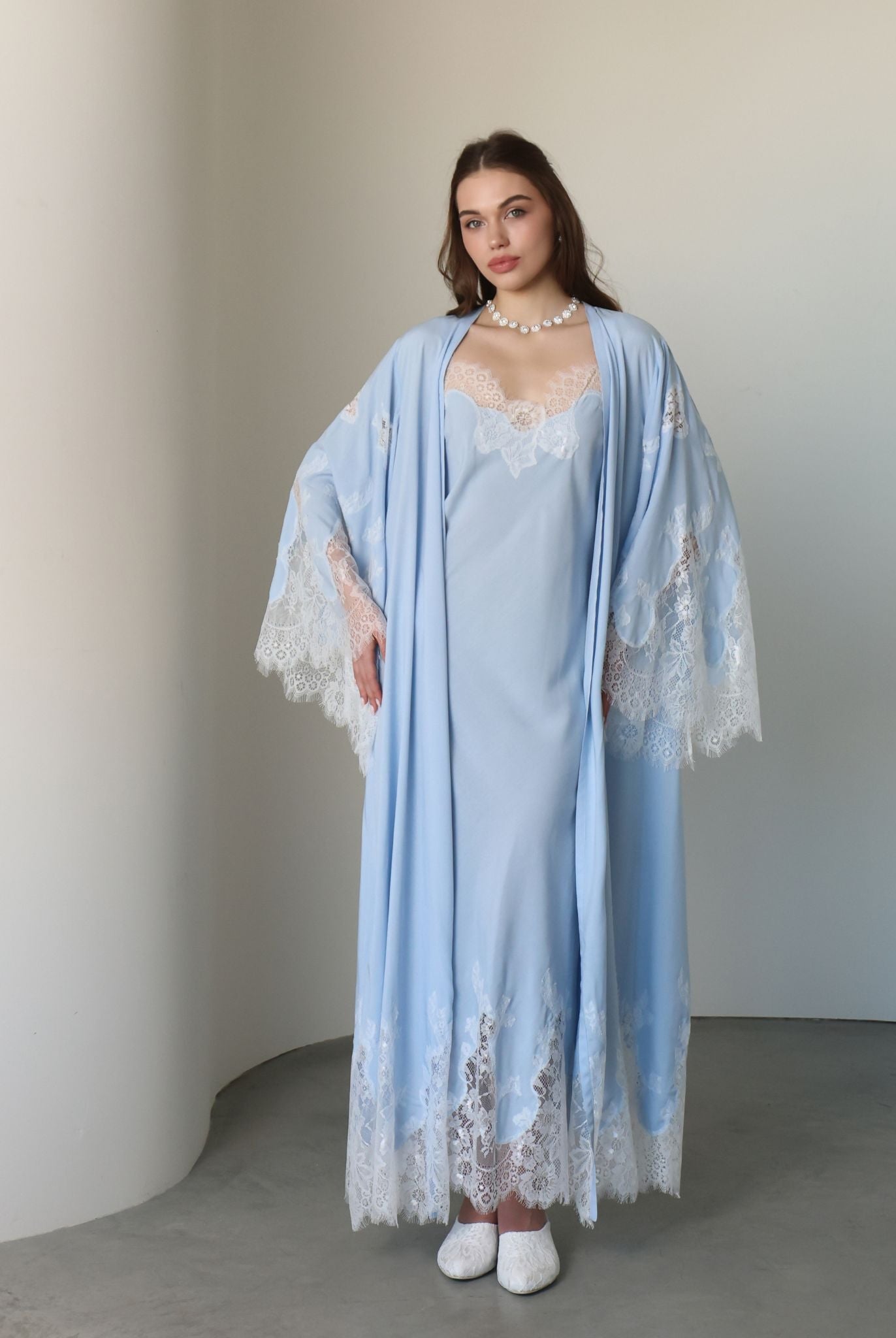 A full-length frontal shot of the Robe and Nightgown Set, showcasing the soft, structured drape of high-quality cotton.