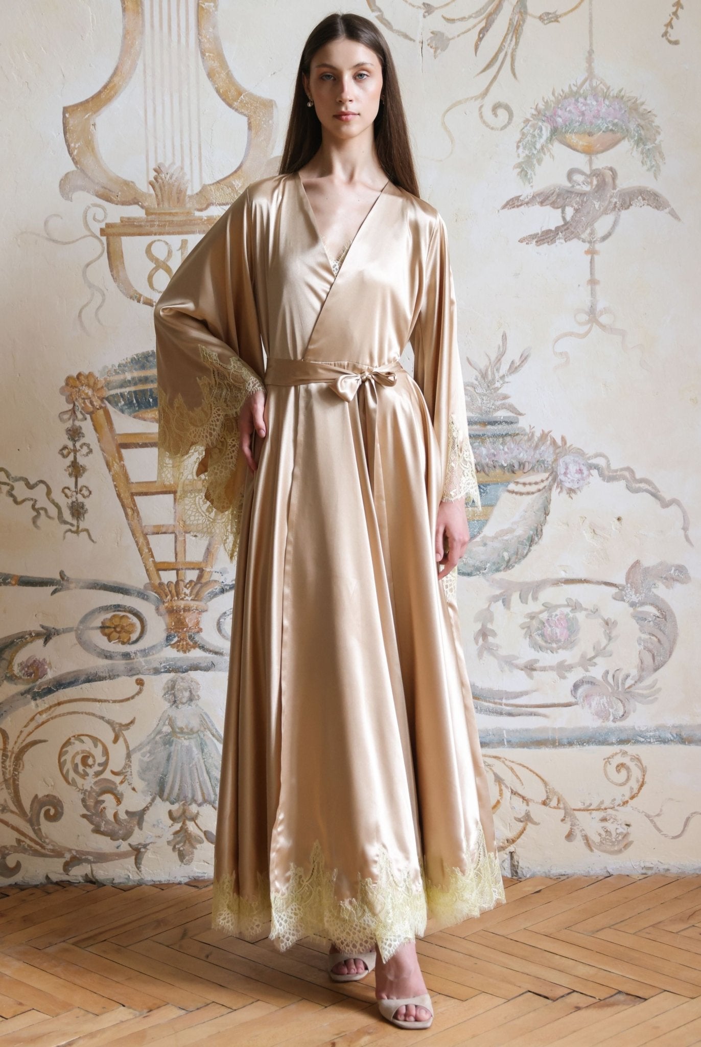 A static full-length view of the Satin Robe and Nightgown Set with a belted waist for a refined home look.