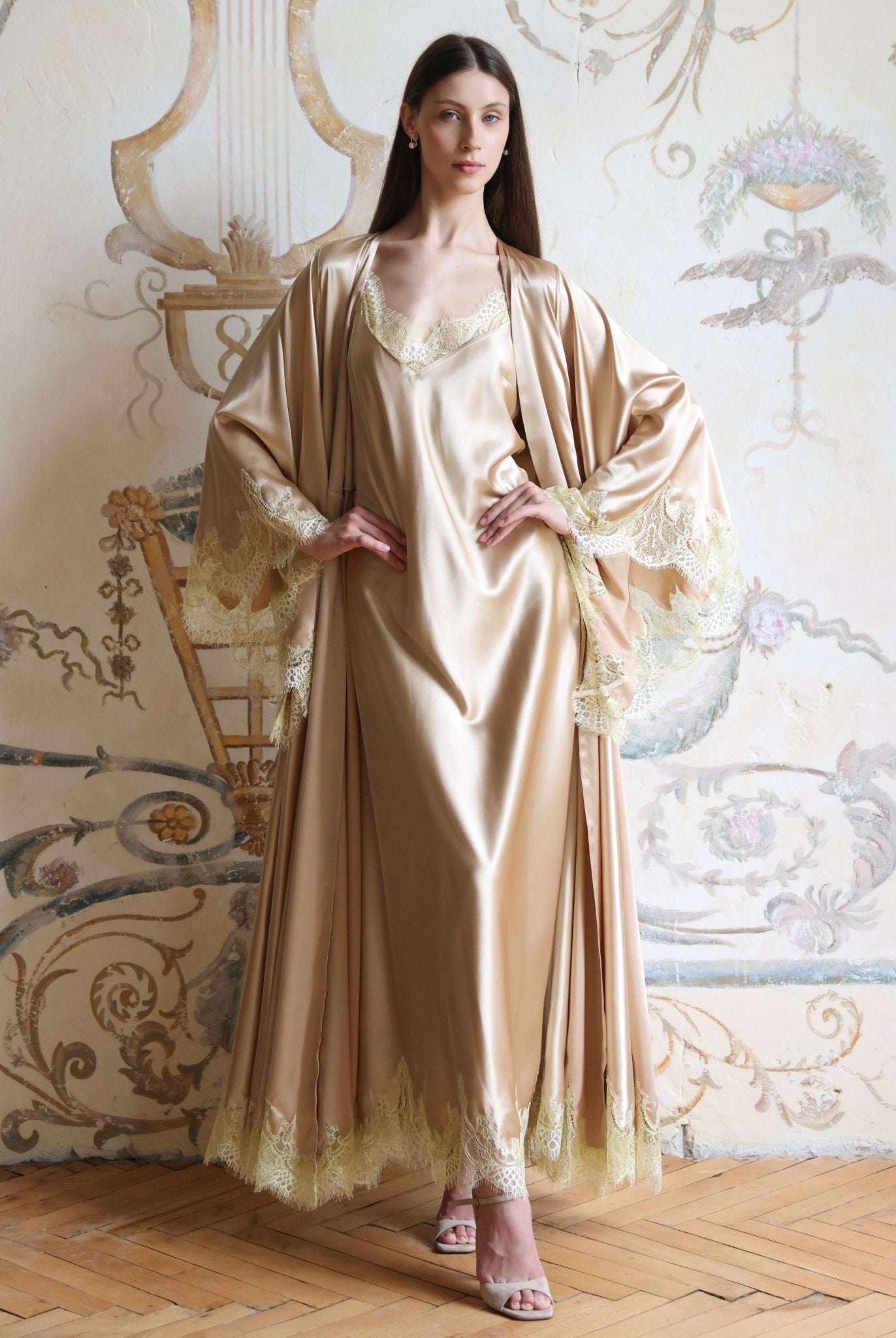 A straightforward static pose in the complete Satin Robe and Nightgown Set, designed for ultimate relaxation.