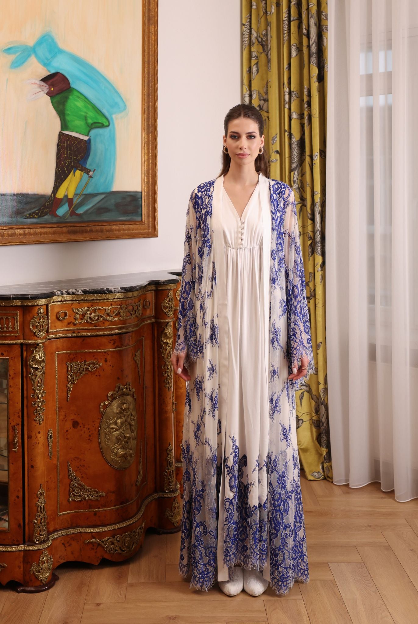 A poised frontal view of the Robe and Nightgown Set, designed for moments where comfort and beauty are equal.
