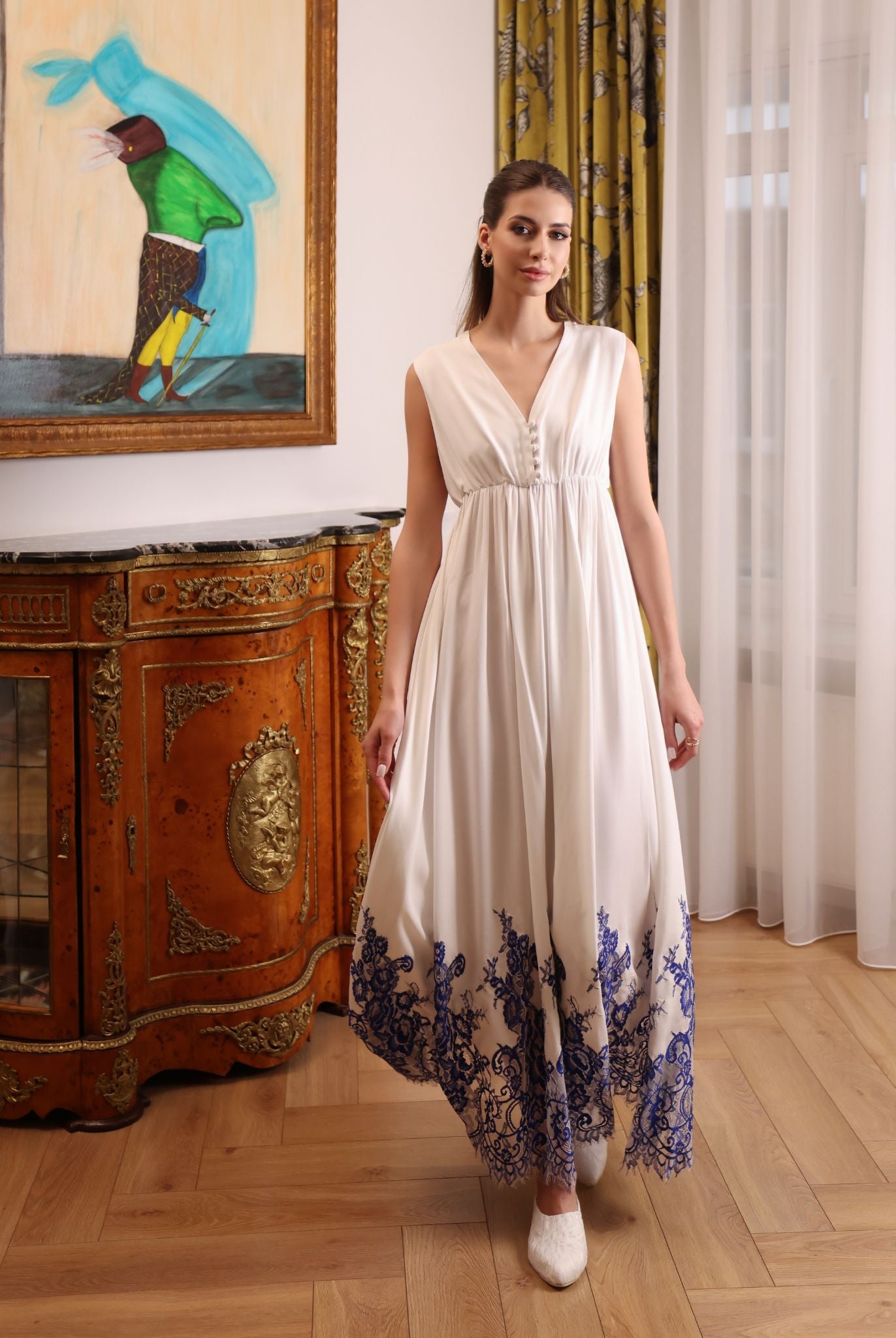 A motion shot of the Robe and Nightgown Set dress, capturing the light and breathable nature of the cotton fabric.